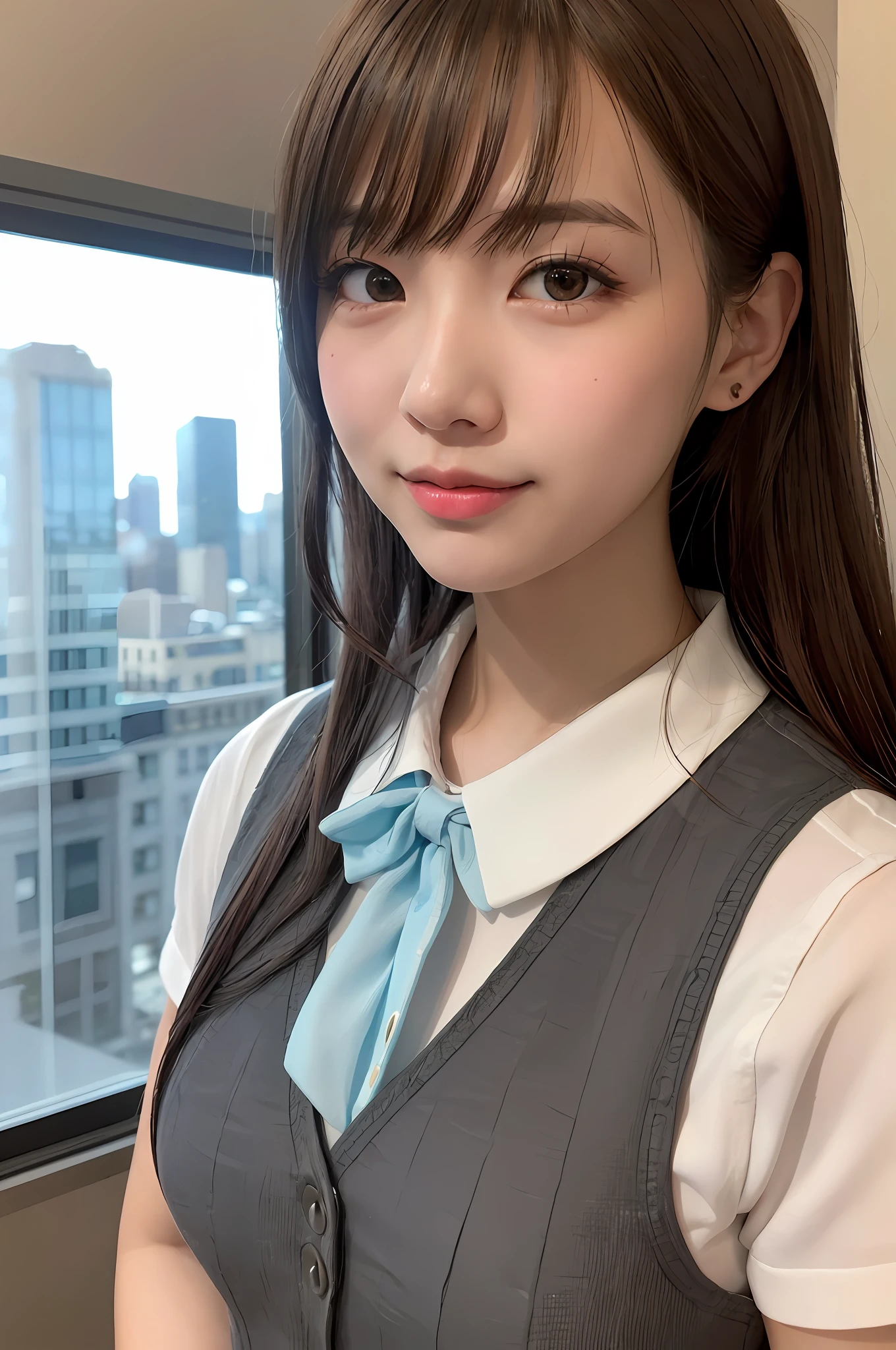 女の子1人、a mature female、Underwear、bow、a photo、逼真、beste Quality、adopt、detailed faces、s Office、Building from the window、detailed backgorund、Diffused sunlight、Depth-of-field、Bokeh