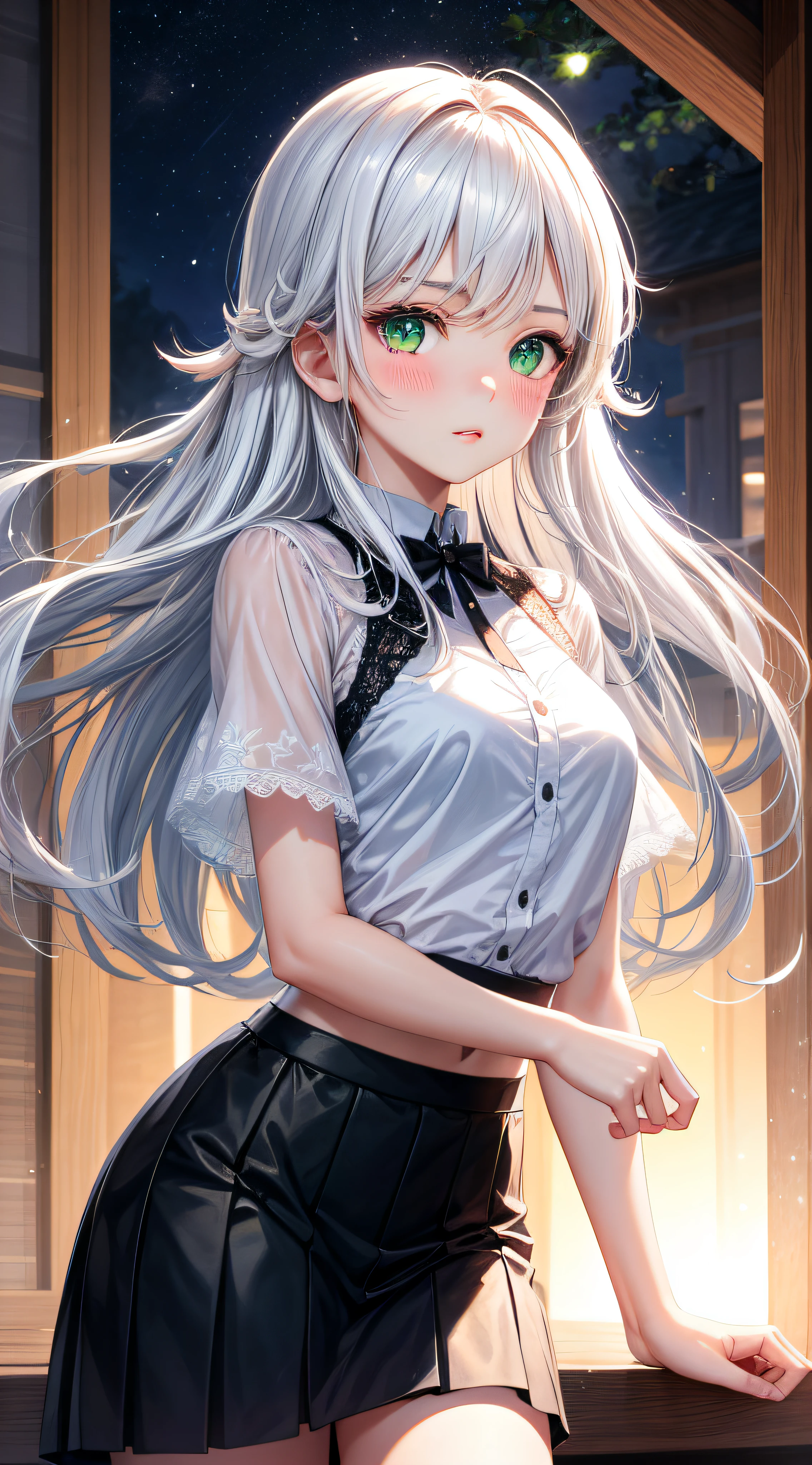 逼真,1girl,White hair,Green eyes,Luminous eyes,Cut the top,skirts,Lace,Parting lips,get blush,night,fresh flowers,The Sun,The sunlight,