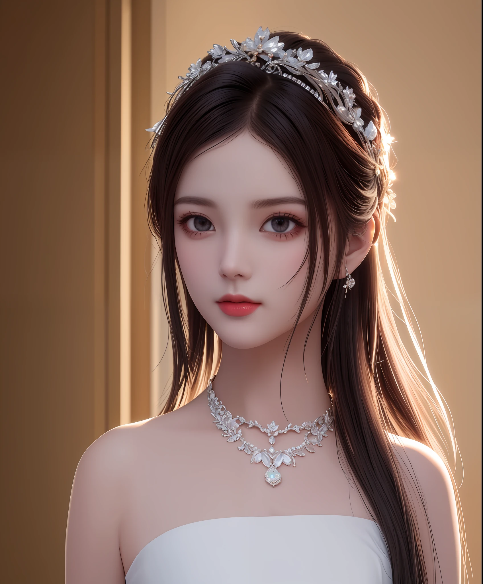 Best quality, masterpiece, high resolution, 1girl, porcelain dress, hair accessories, necklace, jewelry, beautiful face, on the body, Tyndall effect, realistic, dark studio, edge lighting, two-tone lighting, (high detail skin: 1.2), 8k UHD, dslr, soft light, high quality, volumetric light, candid, photo, high resolution, 4k, 8k, background blur,