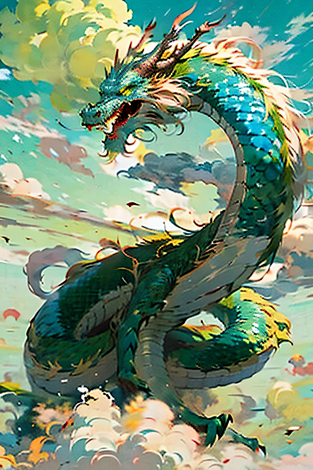 Best quality, masterpiece, super high resolution, no human, (length: 1.2), sky, yellow eyes, clouds, scales, green oriental dragon, open mouth, sharp teeth, flying, horns, teeth, sky, claws, fangs, blue sky