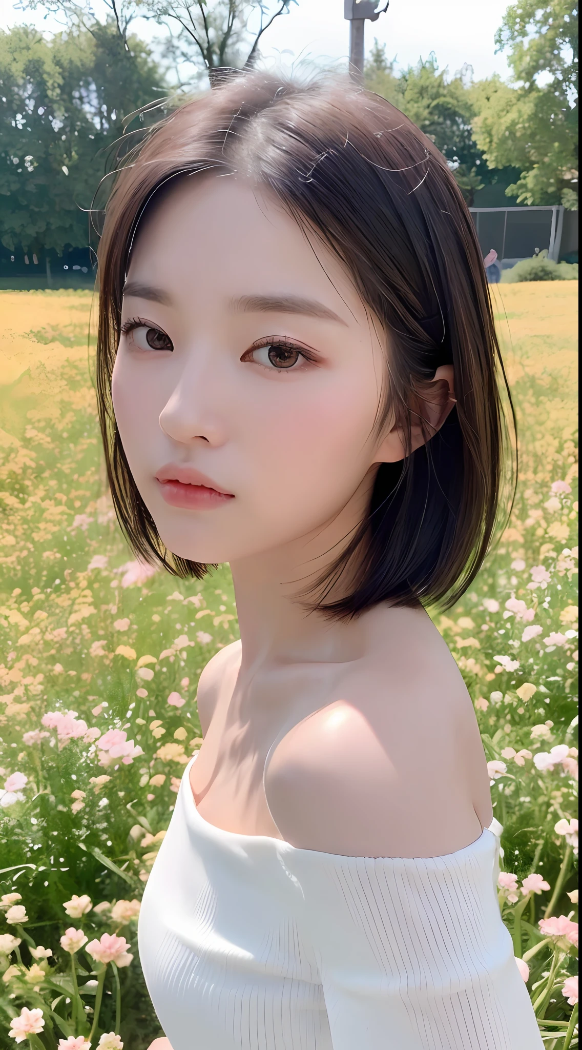 ((品质最佳, 8K, 巨作 :1.3)), Sharp focus :1.2, ((short shoulder length hair:1.2)), (white  dress:1.1 ), (blossom flower field:1.2), Highly detailed facial and skin texture, detailed eye, Double eyelid，Exposed shoulder，Glowing skin，selfee，Flushed complexion，Close up of，