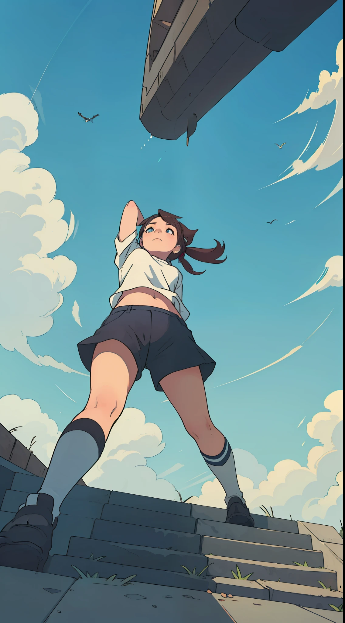 (motion perspective,) 1 girl, (sky), three holes shirt, step, (view from below looking up), ponytail