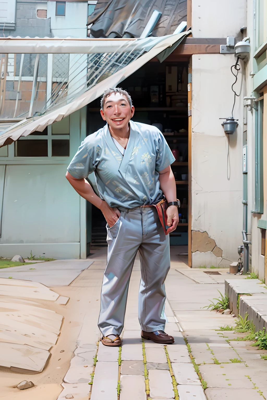 50-year-old man, japones, calvo, gordo, brown shirt, yellow trousers, zapatos blancos, sonriendo,