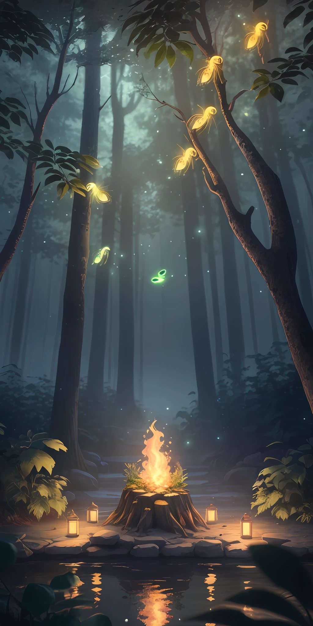 Masterpiece, best quality, (very detailed CG unity 8k wallpaper), (best quality), (best illustration), (best shadows), glow sprite, with a glowing deer, in the swimming pool Drinking water, natural elements in the forest theme. Mysterious forest, beautiful forest, nature, surrounded by flowers, delicate leaves and branches surrounded by fireflies (natural elements), (jungle theme), (leaves), (twigs), (fireflies), (particle effects) etc. 3D , Octane rendering, ray tracing, super detailed
