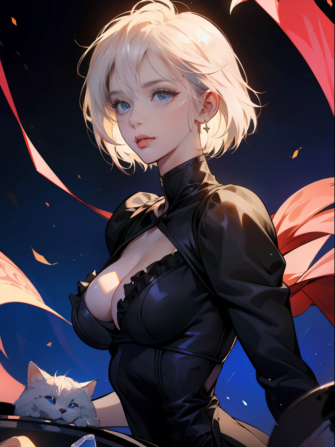 (masterpiece:1.3), top quality, official art, super detailed, looking at viewer, face focus, close up, 1girl, 18 years old, elegant black dress, frill skirt, gloves, beautiful hair, white hair, short hair, blue eyes, beautiful eyes, eye highlights, pale pink lips, long eyelashes, beautiful skin, lush skin, knee high boots, backlit, cinematic lighting, big ????, beautiful poker face, bangs, simple black catsuit, hair blowing in the wind