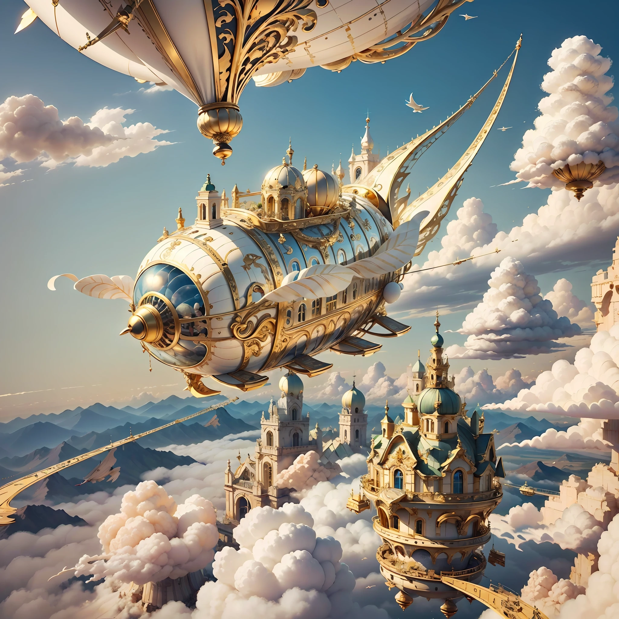 IvoryGoldAI dirigible in skies, flying