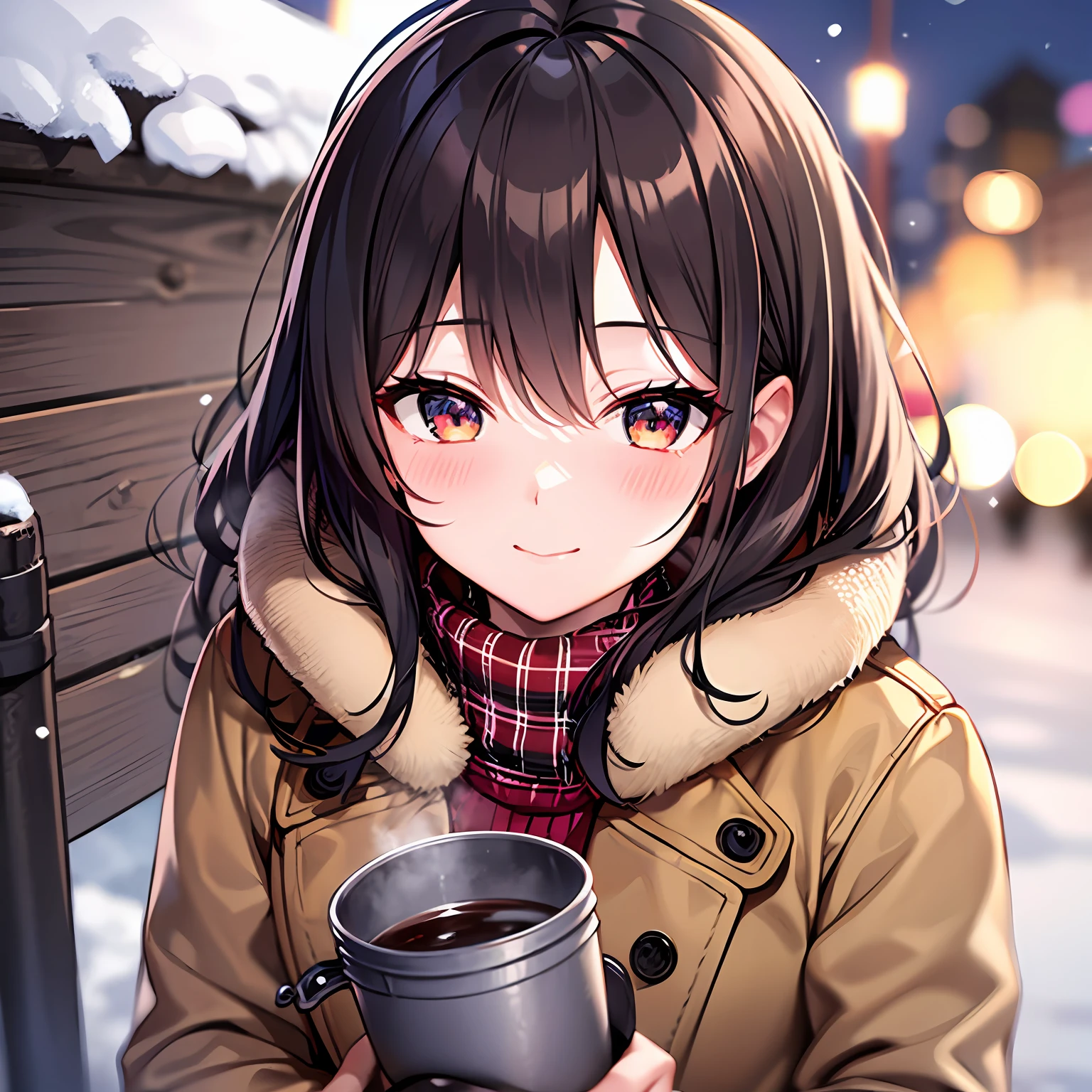 1girls, Height 148cm、Bust 85cm、Waist 56cm、Hip 85cm、F-cup、23yo、very baby face、Brown-haired、semi long hair、Brown duffel coat、Red check muffler、Long pleated skirt、pantyhose、Park at night、park bench、Gentle smile、Blur the background a lot、Powder snow