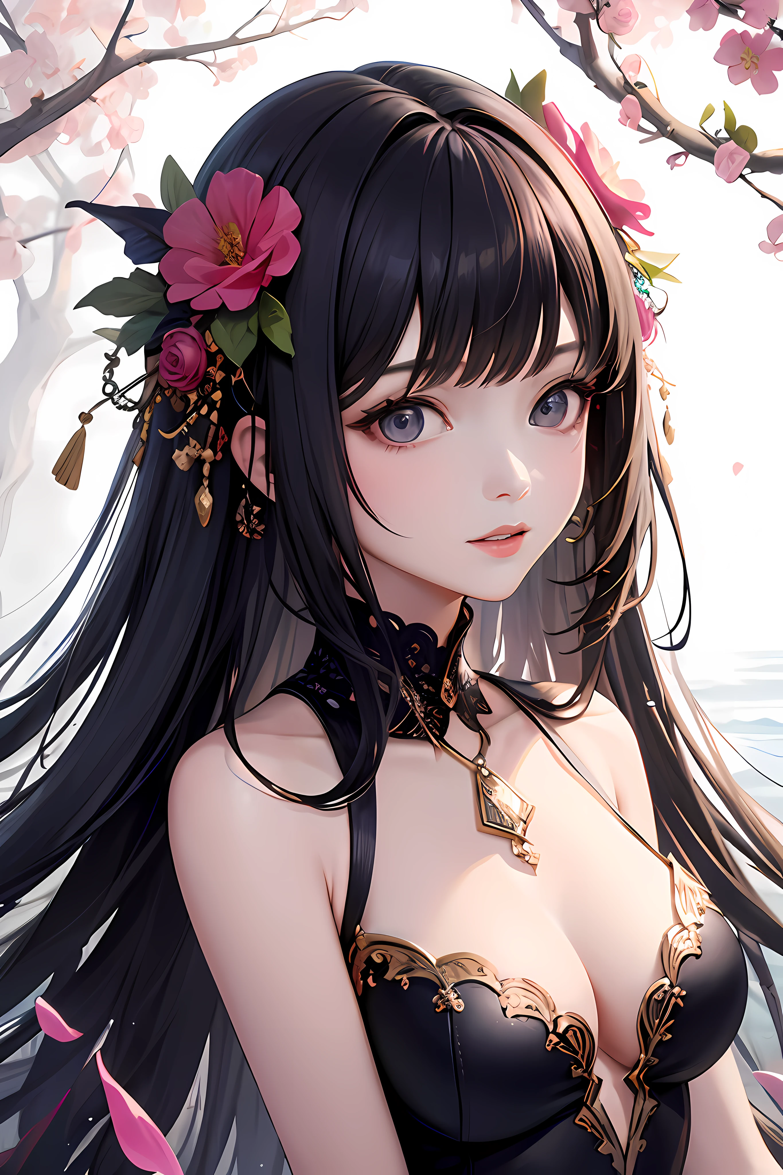 (杰作,Top quality,best qualitiy,Art officiel,Beauty and aesthetics:1.2),(1girl),Extremely detailed,(s fractal art:1.3),full of colors,Most detailed,Sea of flowers,Surrounded by flowers。