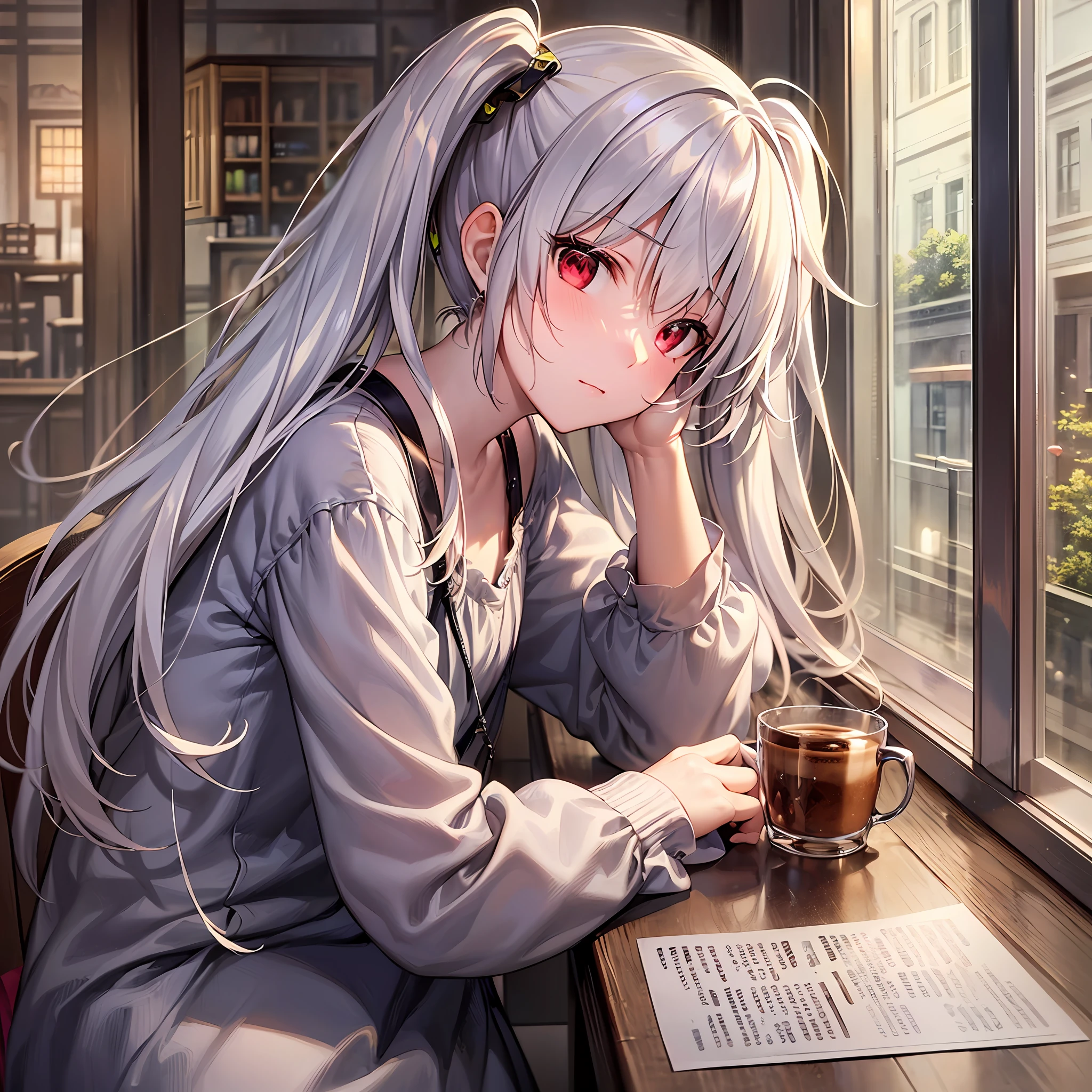 ((masterpiece)), (((best quality))), ((ultra-detailed)), ((illustration)), ((disheveled hair)),((solo)),1girl, solo,loli,red eyes,small chest,silver hair,long twintails hair,casual outfit,sit on a chair, table in front,cafe,by the window, evening, side view, from the side,half body shot,