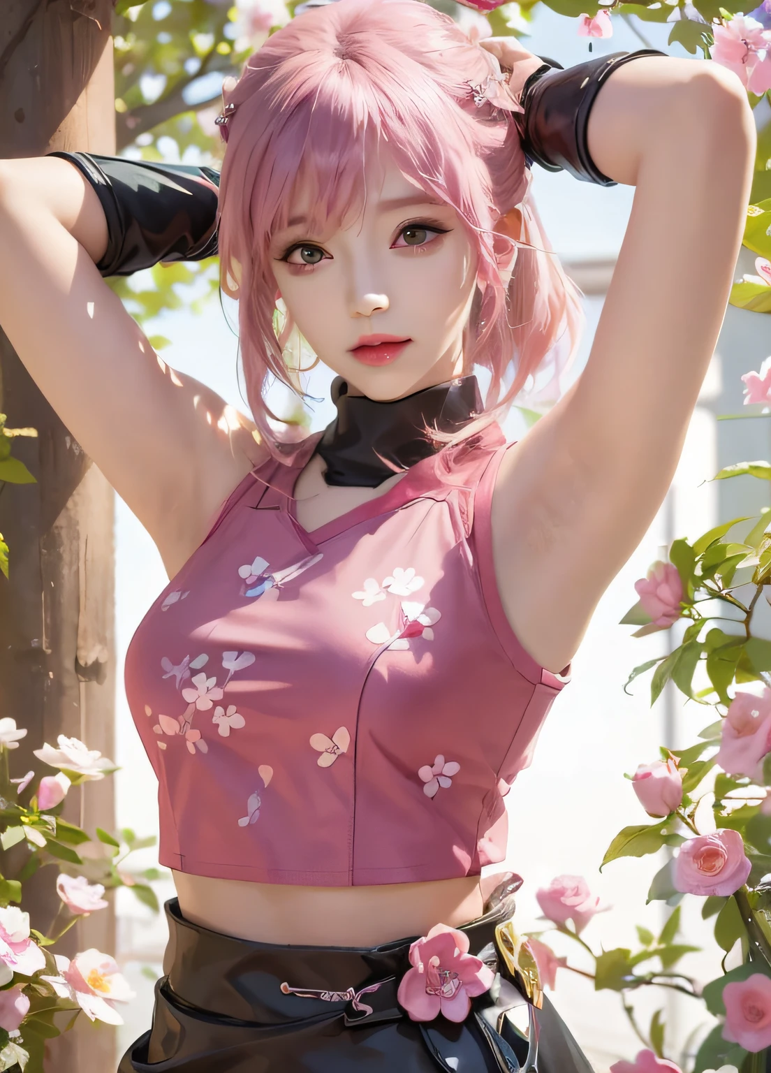 anime - style image of a woman with pink hair and a red top, Anime girl in real life, Anime style. 8K, Beautiful anime girl, seductive anime girls, anime-inspired, photorealistic anime girl rendering, Realistic anime 3 D style, sakura haruno, anime realism style, young anime girl, sakura haruno, realistic anime artstyle, animegirl