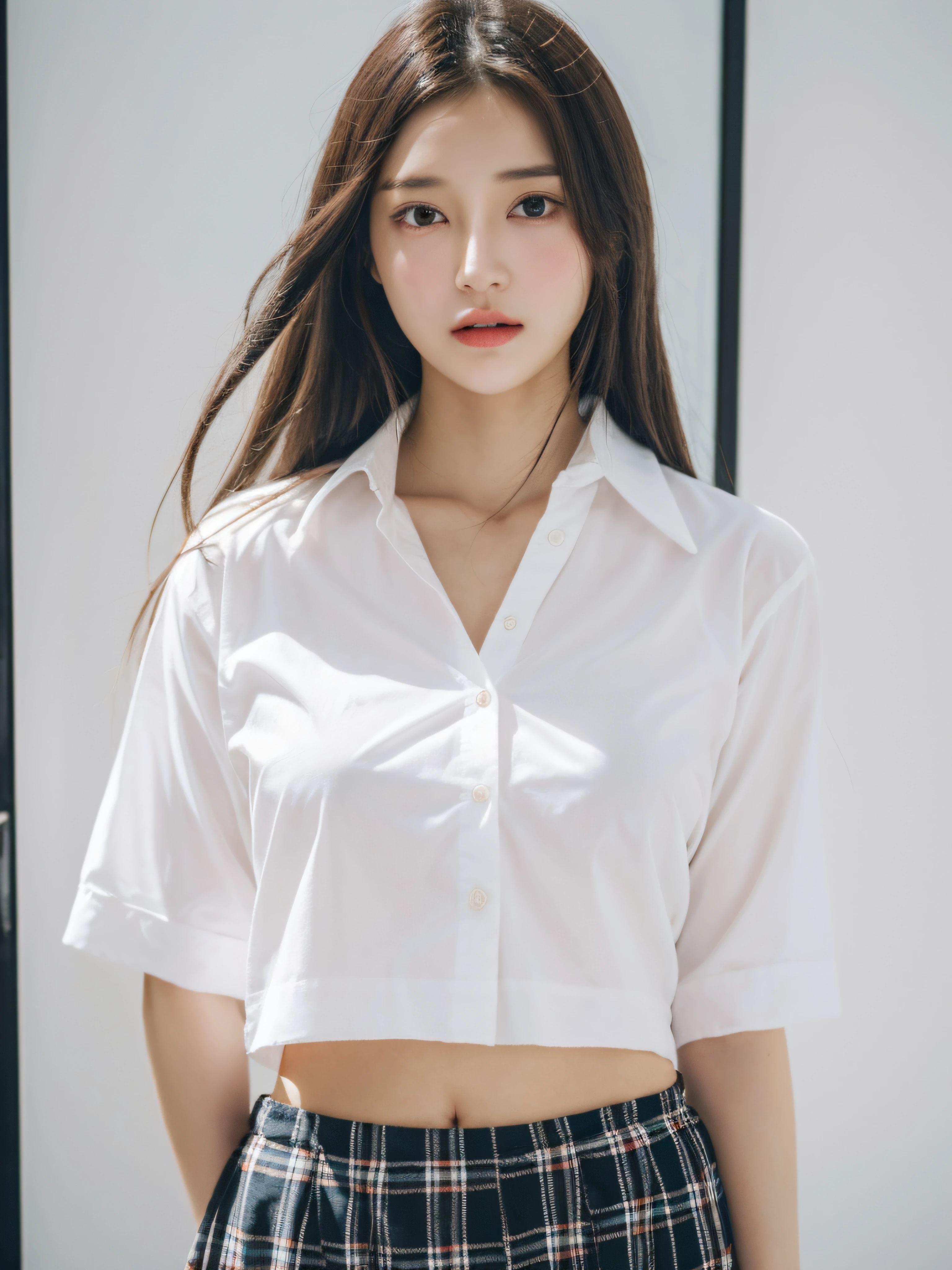 masterpiece, best quality, (realistic, photo-realistic:1.37), 8k, an extremely delicate and beautiful, amazing, finely detail, official art, absurdres, incredibly absurdres, huge filesize, ultra-detailed, extremely detailed, beautiful detailed girl, extremely detailed eyes and face, beautiful detailed eyes, light on face, nsfw, 1girl, looking at viewer, (perfect female figure), slim waist, (kpop idol), (aegyo sal:1), full body, large breasts, standing, school uniform, plaid skirt, collared shirt, midriff, unbuttoned, open clothes,, bangs, feminine expressions, ulzzang-6500-v1.1