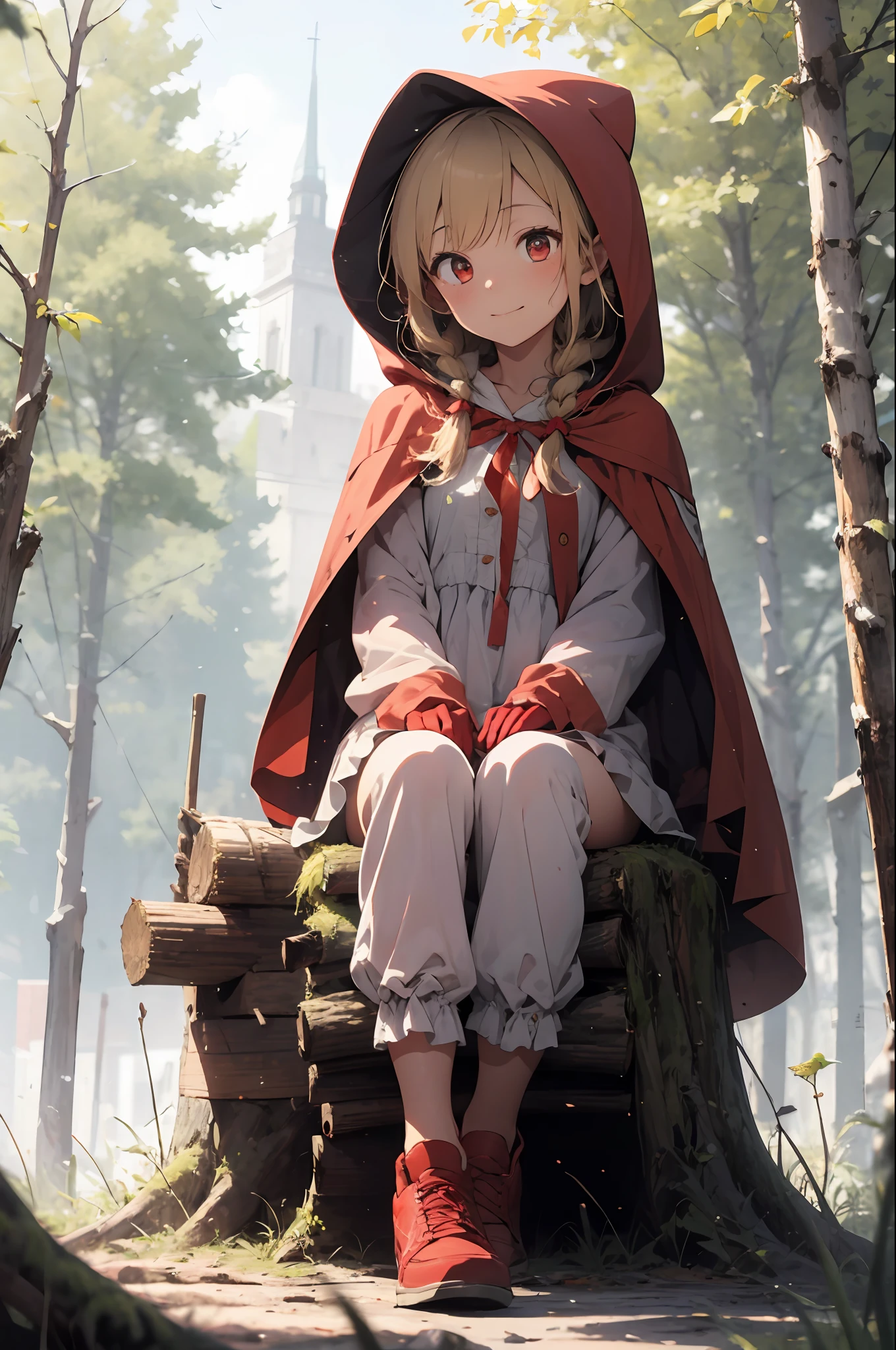 mushroom, sitting, tree, outdoors, grass, nature, 1girl, blonde hair, red footwear, forest, shoes, long sleeves, bangs, red headwear, hat, hood, red cape, gloves, medium hair, bloomers, dress, long hair, day, shirt, closed mouth, full body, cape, solo, hood up, looking at viewer, red hood, 1boy, tree stump, white bloomers, red dress, red cloak, plant, knees up, bow, sunlight, white shirt, bird, moss, red eyes, underwear, creature, braid, smile, on ground, pointy ears, red bow, animal, little red riding hood (grimm), red capelet, pants, link,