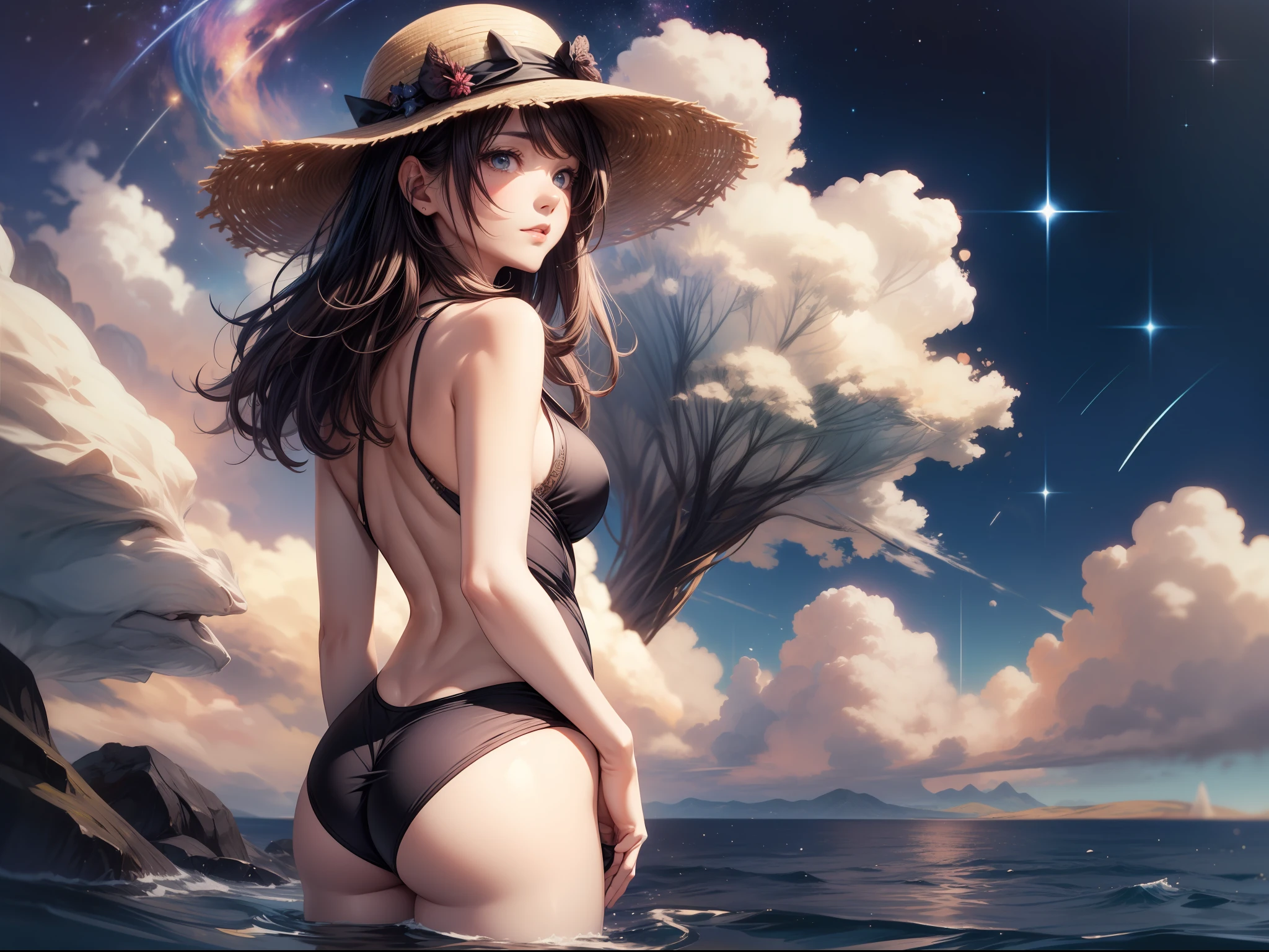 (巨作)、detail detail、8K、((Full body back photo visible from head to toe))、Girl in swimsuit and straw hat、toned buttocks、short dark hair、Colorful inner hair、Realistic and sharp details、with intricate details、Standing in the back of a meadow on a cliff near the sea, looking up at the ultra-beautiful and full view of multiple starry skies and galaxies.