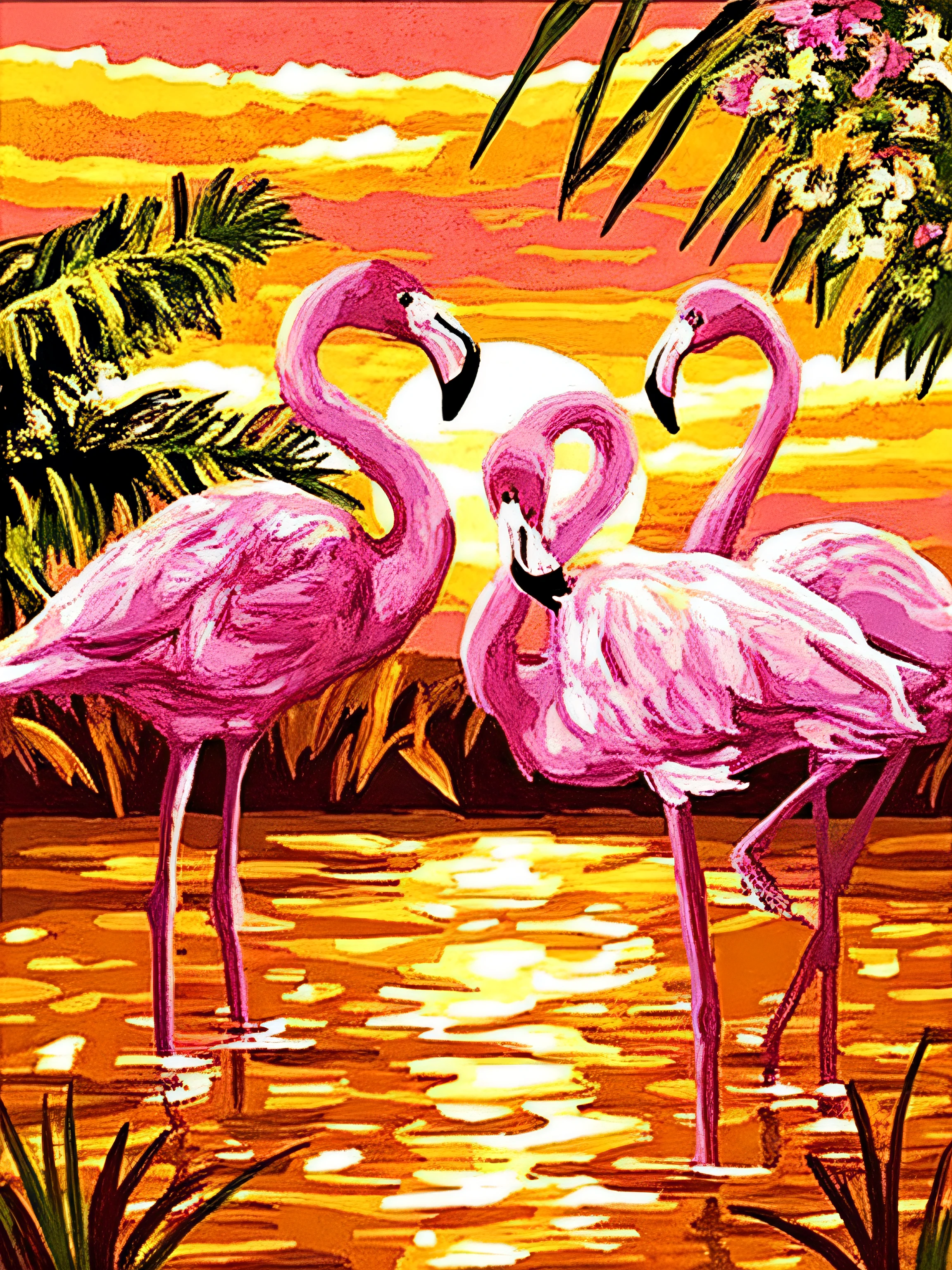 flamingo under sunset, flamingos, flamingos, flamingos, animal paintings, elegant art, tropical birds, beautiful nature, 240p, beautiful friends paintings, masterpieces, beautiful paintings, painting with bright watercolors, majestic masterpieces, designer art, acrylic art, majestic paintings, at sunset, high quality art, nature painting