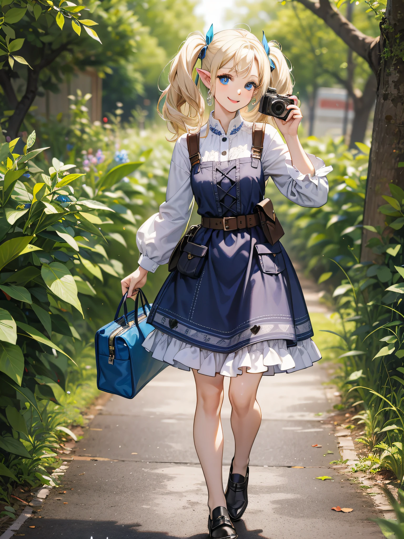 elvish, enmaided, solo, full full body, Standing, Turn around and smile, platinum-blonde,twintails, Blue eyes, Blue Apron Dress, Leather Pouch, SLR Cameras, Holding the camera in hand