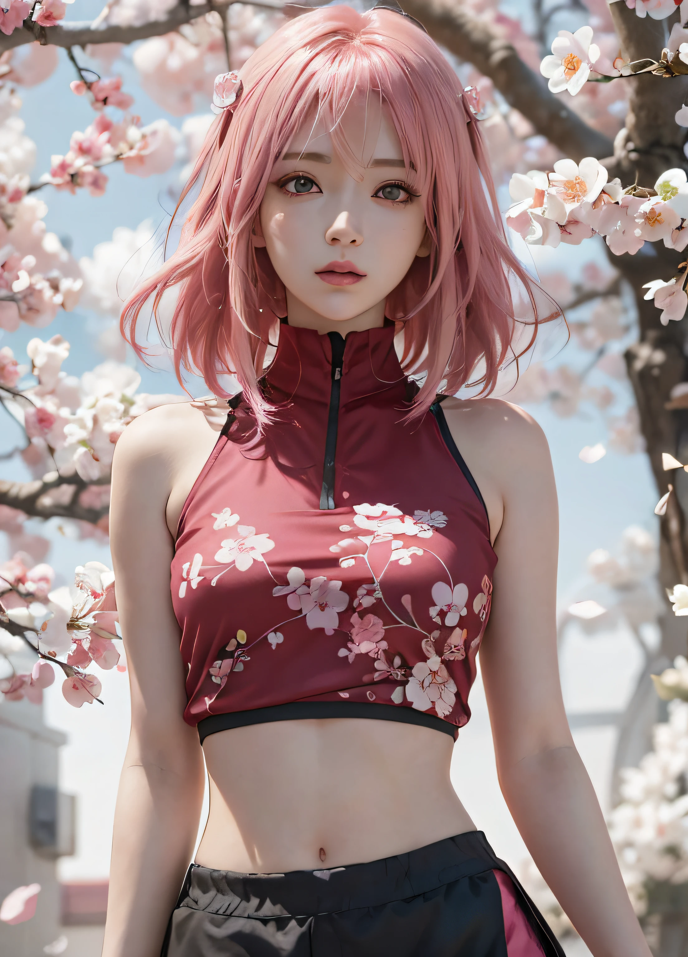 anime - style image of a woman with pink hair and a red top, Anime girl in real life, Anime style. 8K, Beautiful anime girl, seductive anime girls, anime-inspired, photorealistic anime girl rendering, Realistic anime 3 D style, sakura haruno, anime realism style, young anime girl, sakura haruno, realistic anime artstyle, animegirl