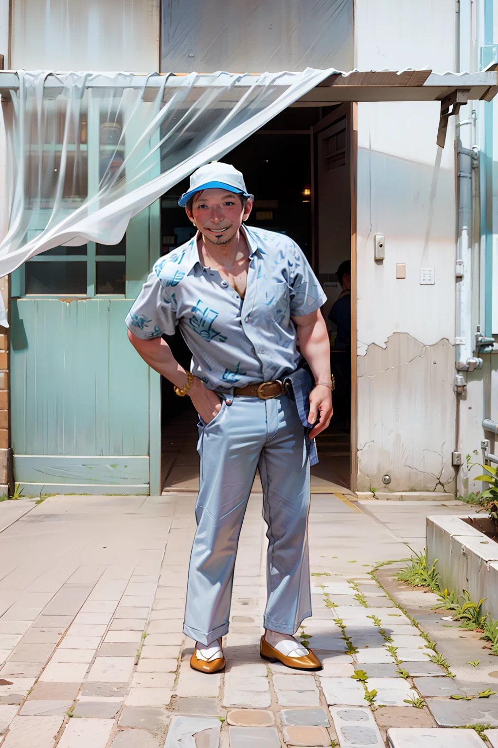 50-year-old man, japones, calvo, gordo, cara fea, brown shirt, yellow trousers, zapatos blancos, sonriendo,