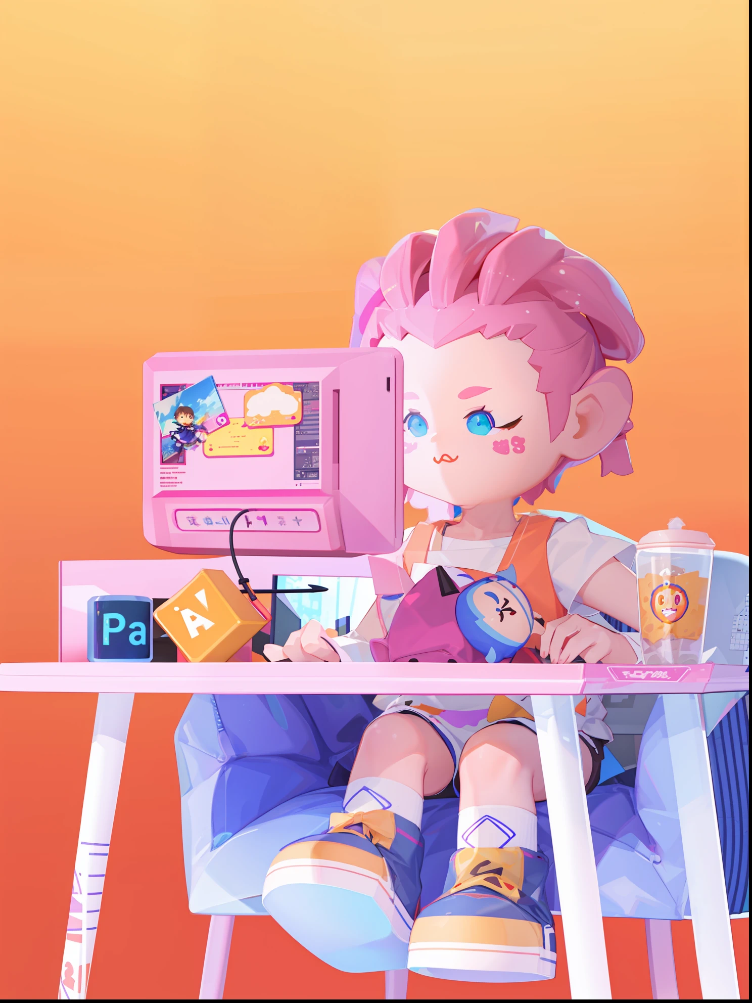 there is a small doll sitting at a desk with a laptop, cute 3 d render, animation style render, digital art render, 3 d illustration, 3d illustration, 2 d illustration, 2d illustration, pink iconic character, for hire 3d artist, stop motion character, kenny wong x pop mart, 3d grainy aesthetic illustration, 3d characters