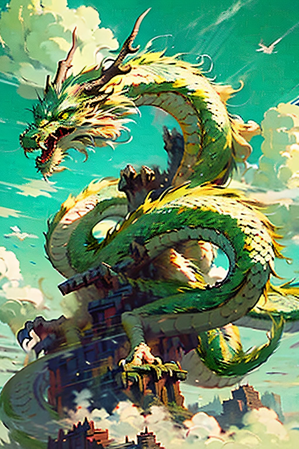 Best quality, masterpiece, super high resolution, no human, (length: 1.2), sky, yellow eyes, clouds, scales, green oriental dragon, open mouth, sharp teeth, flying, horns, teeth, sky, claws, fangs, blue sky