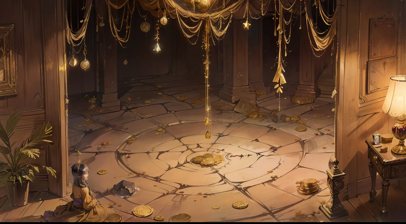 Inside the house,Filled with gold coins,gargantilha,Gemstone,Jewelry,spiderwebs,Dusty,Various cobwebs,The ground was sprinkled with earth and gold coins