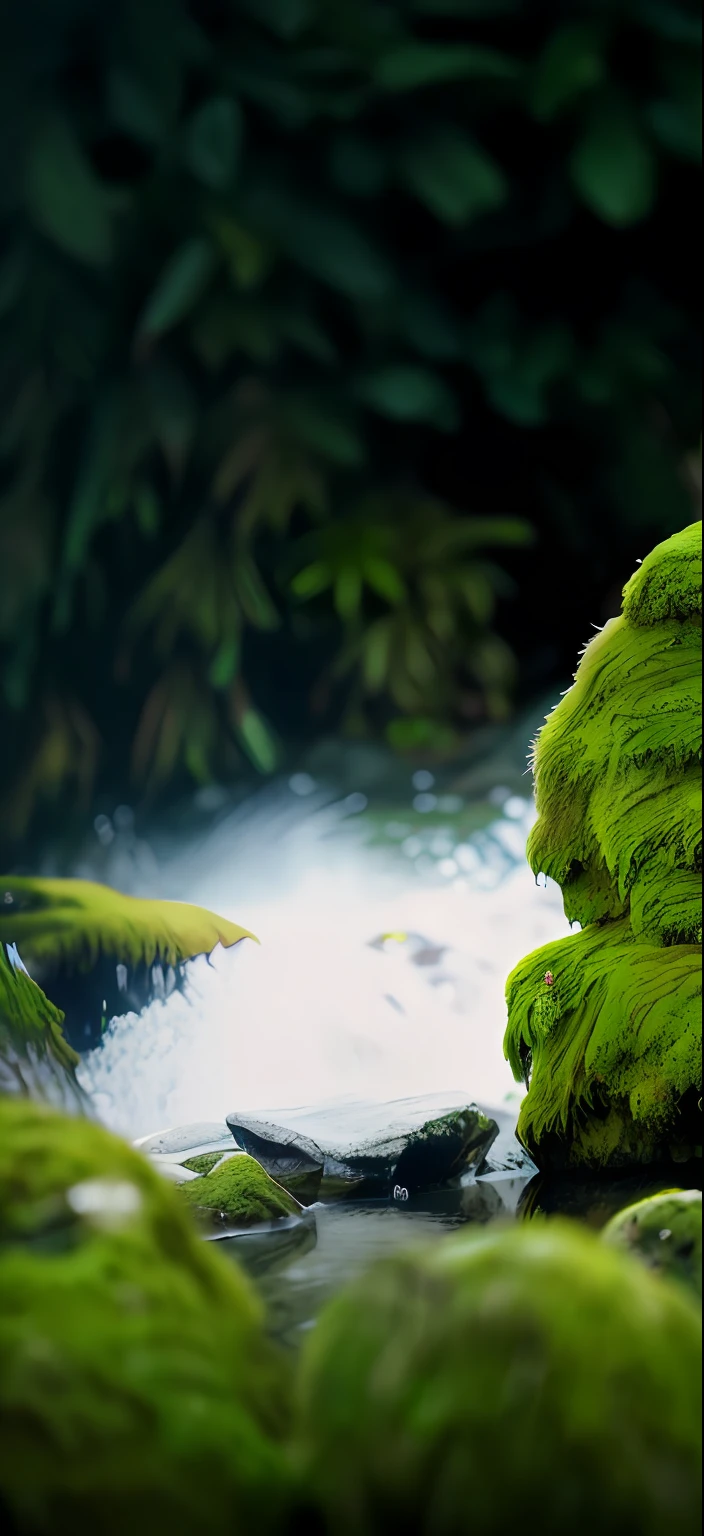 On mossy rocks, of moss, mossy head, mist rising from head, zen natural background, mossy stone, mist from waterfall, Mossy rock, mossy, moss landscape, body draped in moss, enviromental portrait, moss covered, enviromental portrait --auto