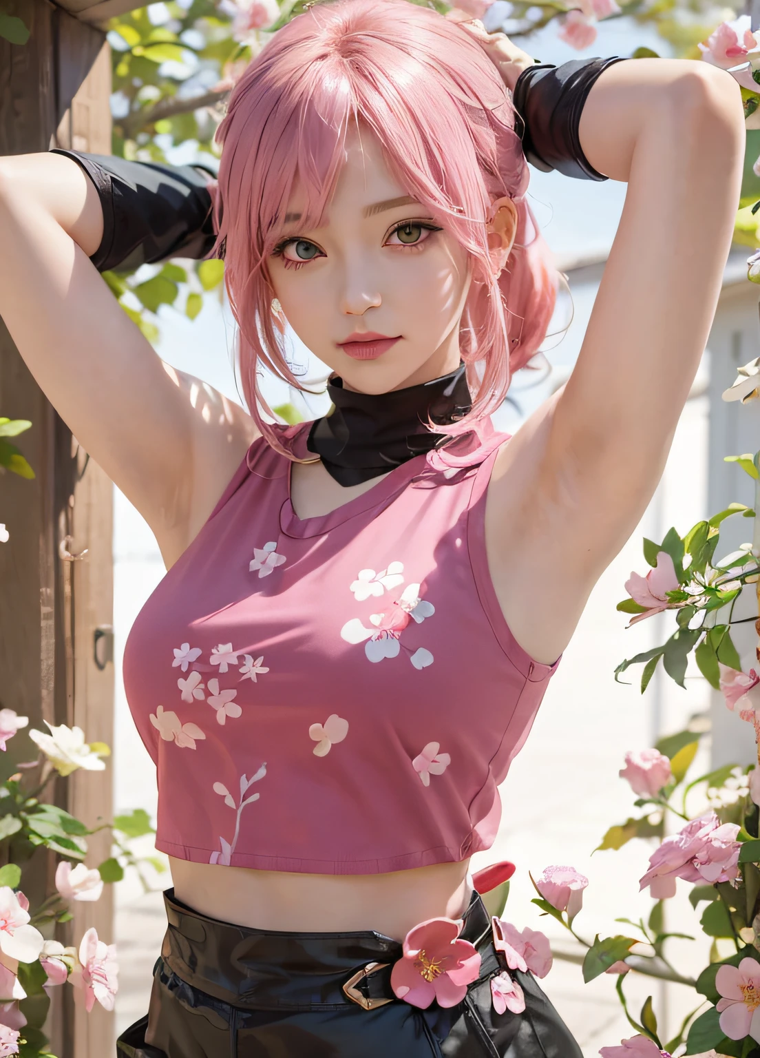 anime - style image of a woman with pink hair and a red top, Anime girl in real life, Anime style. 8K, Beautiful anime girl, seductive anime girls, anime-inspired, photorealistic anime girl rendering, Realistic anime 3 D style, sakura haruno, anime realism style, young anime girl, sakura haruno, realistic anime artstyle, animegirl