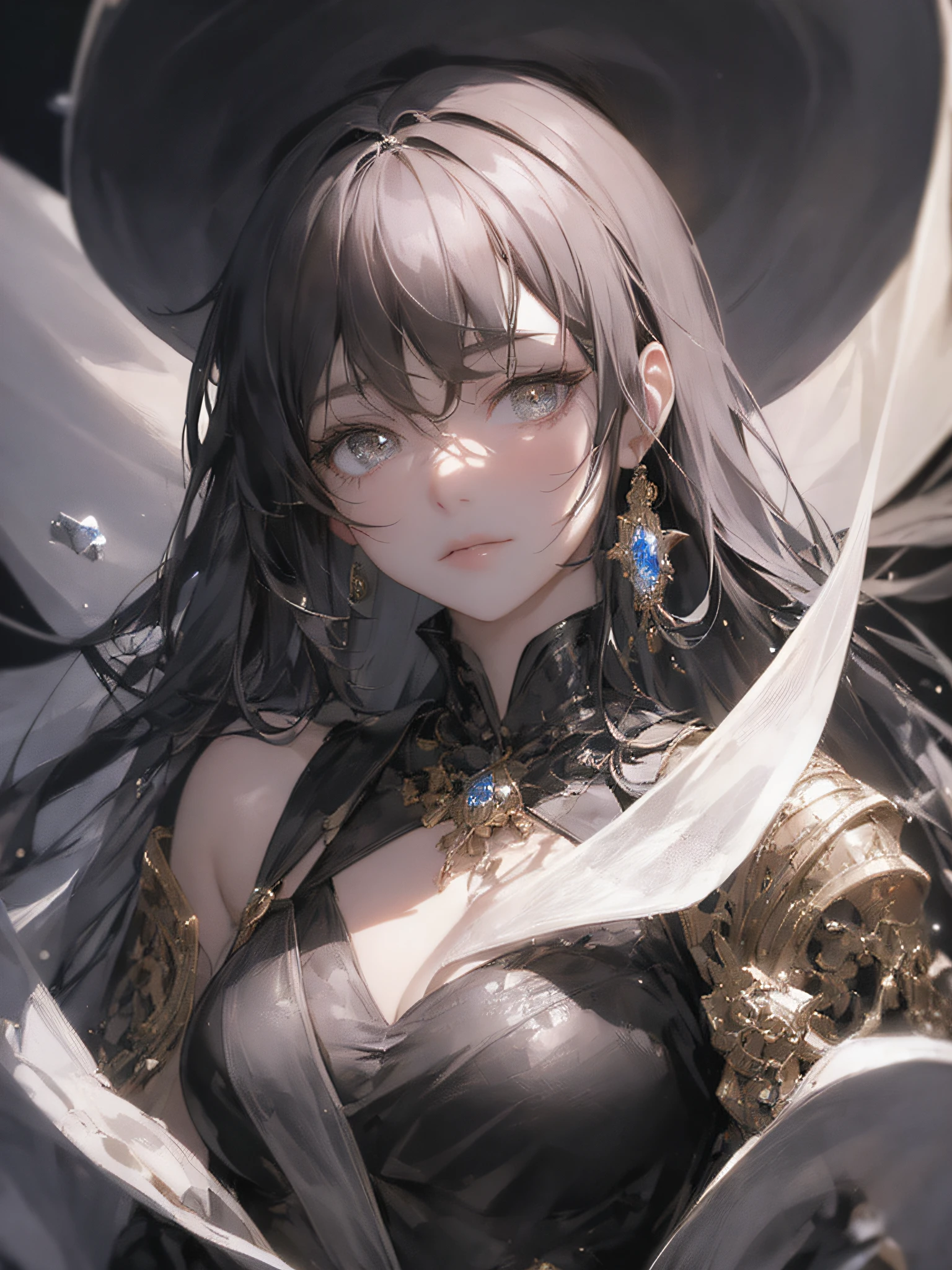 anime girl with a hat and a dress and jewelry, guviz style artwork, Guweiz on ArtStation Pixiv, Guweiz in Pixiv ArtStation, Guwiz, Detailed digital anime art, guweiz masterpiece, portrait of a female mage, 8K high quality detailed art, beautiful celestial mage, black - haired mage