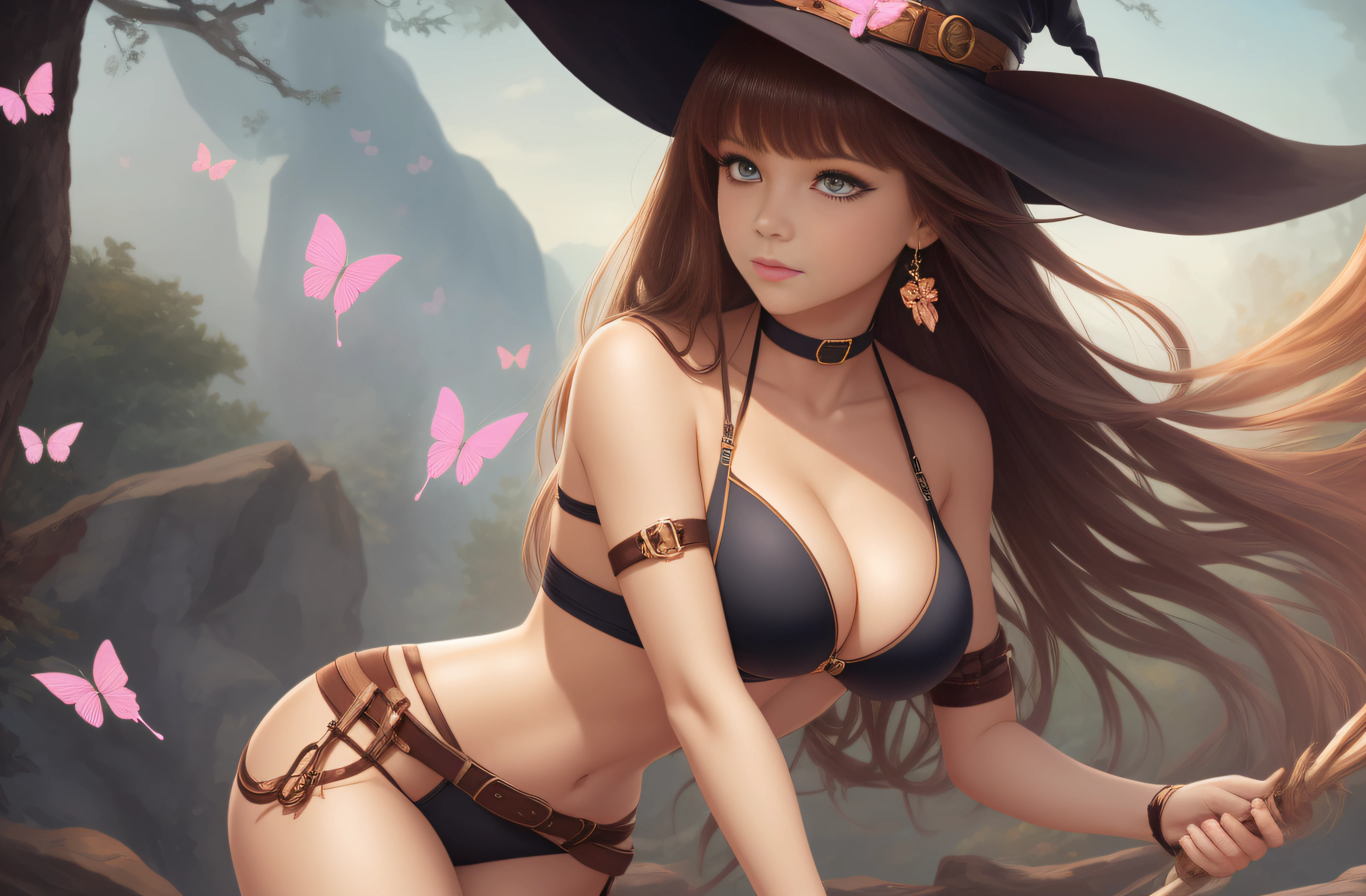 Butterfly, girl, bikini, upper body, witch hat, (detailed face shape: 1.2), (middle chest), (cleavage), (thigh belt), long hair, asymmetrical bangs, tarot frame, portrait centered, ( No weapons), (bouncing breasts),