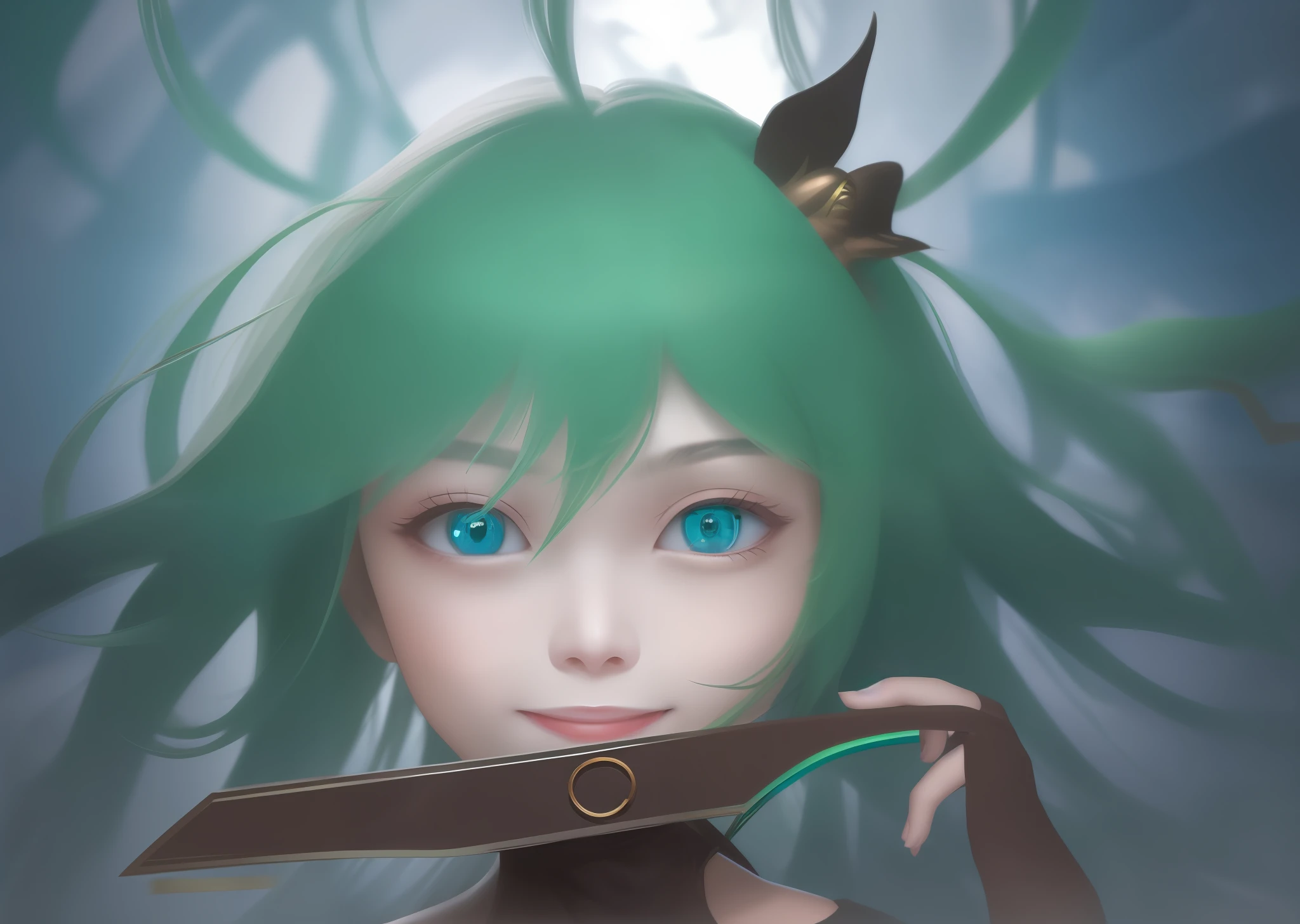 Slanted eyes, piercing gaze, big smile, green hair, girl