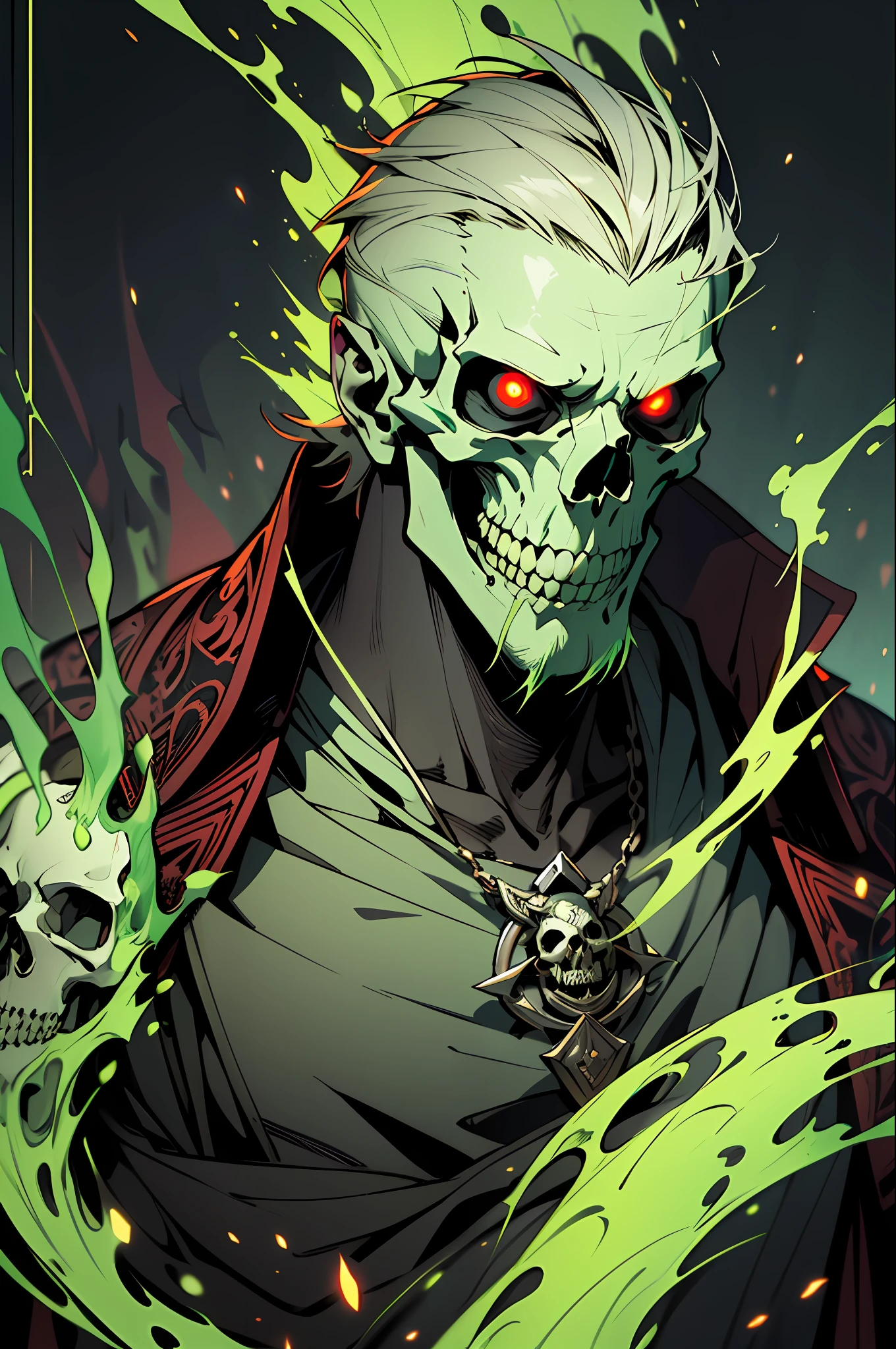 Best quality, masterpiece, ultra high res,detailed background,realistic,hadesstyle,solo,male,mature,bara,muscular,mature male,short hair,facial hair,wizard,necromancer,skull,green fire,horror \(theme\),dark fantasy,evil,cape,depth of field
