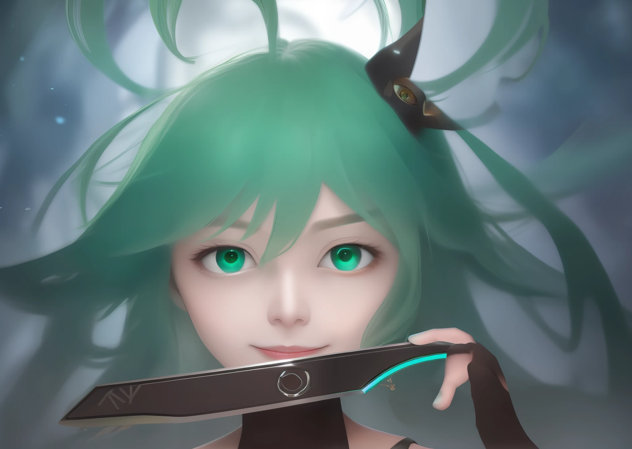 Slanted eyes, piercing gaze, big smile, green hair, girl
