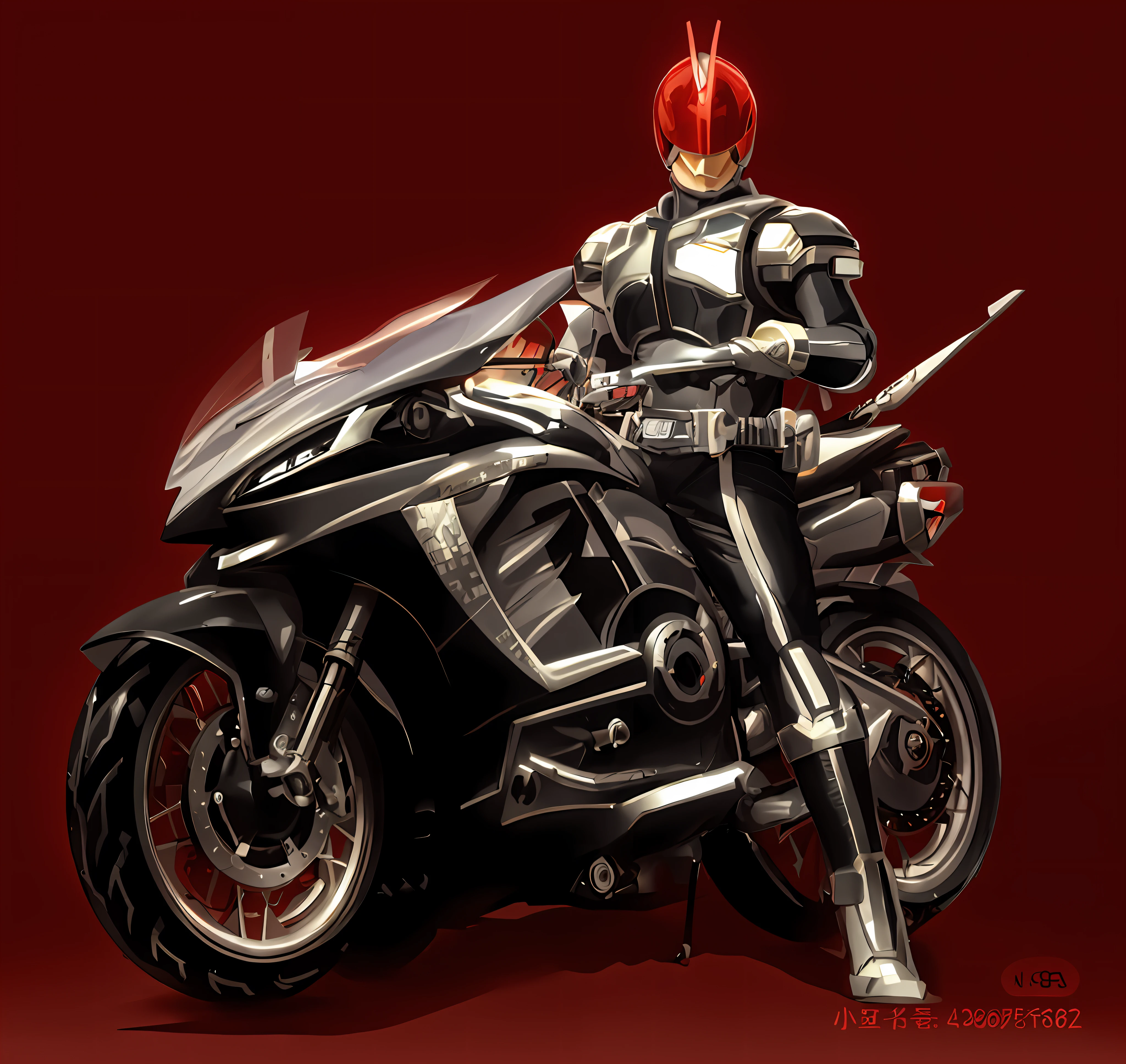 arafed man in a red and black outfit sitting on a motorcycle, kamen rider character, Kamen Rider, motorcycle concept art, high fantasy kamen rider, anime art vehicle concept art, kamen rider action pose, fourze, traditional japanese concept art, futuristic suzuki, concept art h 8 0 0, akira motorcycle, konami concept art, cyber japan armor