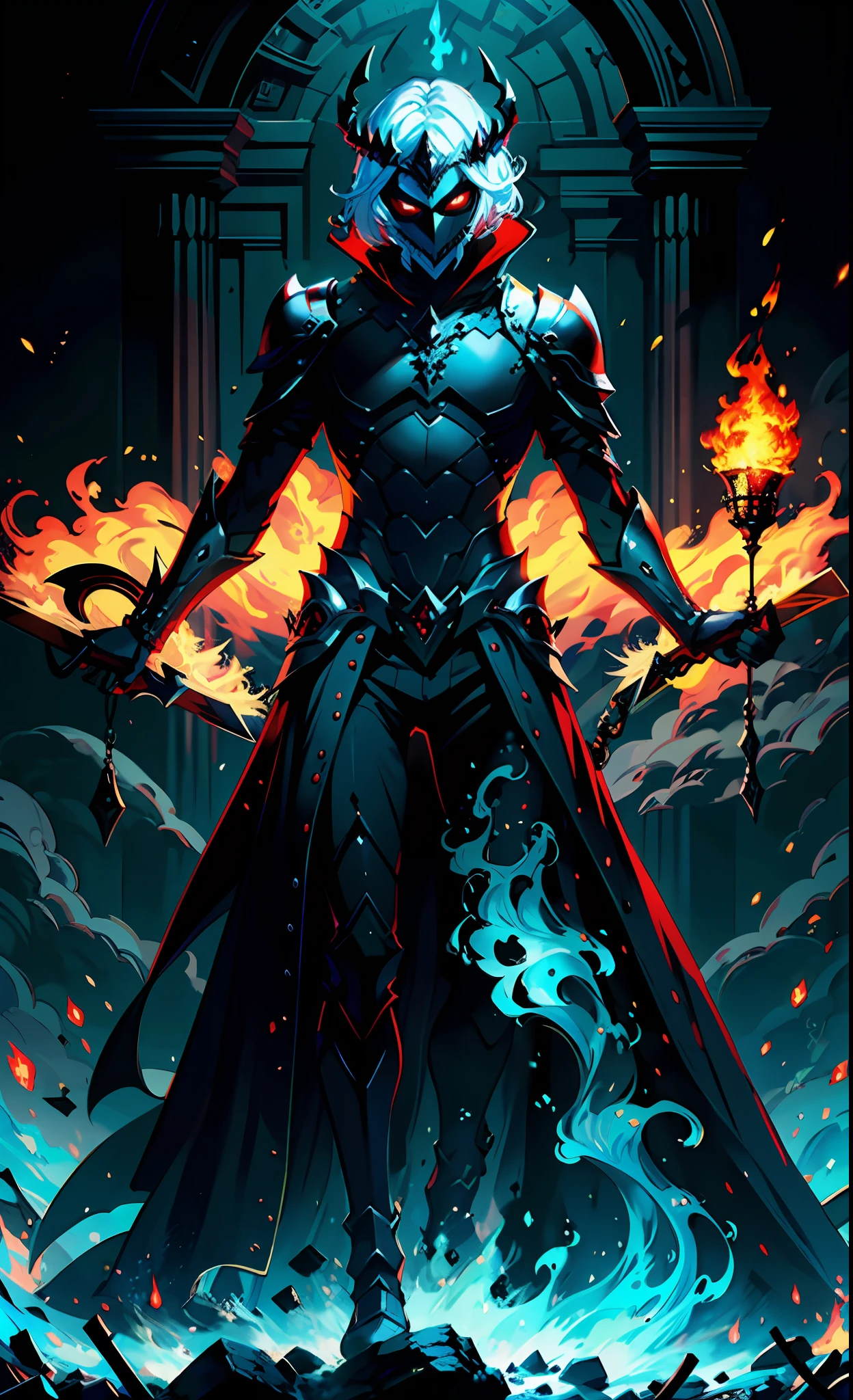 (extremely detailed CG unity 8k wallpaper, masterpiece, best quality, ultra-detailed), (Heaven: 0.6 + Hell + Ghost: 1.2 + Hades: 1.5+ Underworld: 1.4), King of Yan, Throne, Crown, Green Clothes, Mask, Dill Red Light, Flames, Underworld Background, HD Sharp, Extremely Realistic.