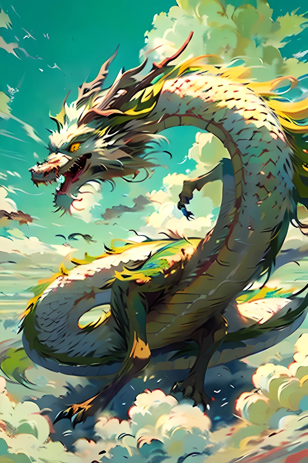 Best quality, masterpiece, super high resolution, no human, (length: 1.2), sky, yellow eyes, clouds, scales, green oriental dragon, open mouth, sharp teeth, flying, horns, teeth, sky, claws, fangs, blue sky