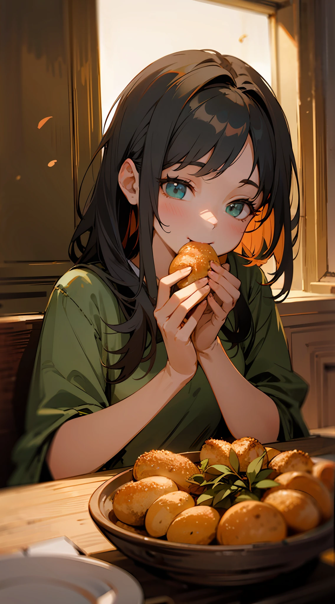 Beautiful woman with dark hair eating at table、brightly lit room、