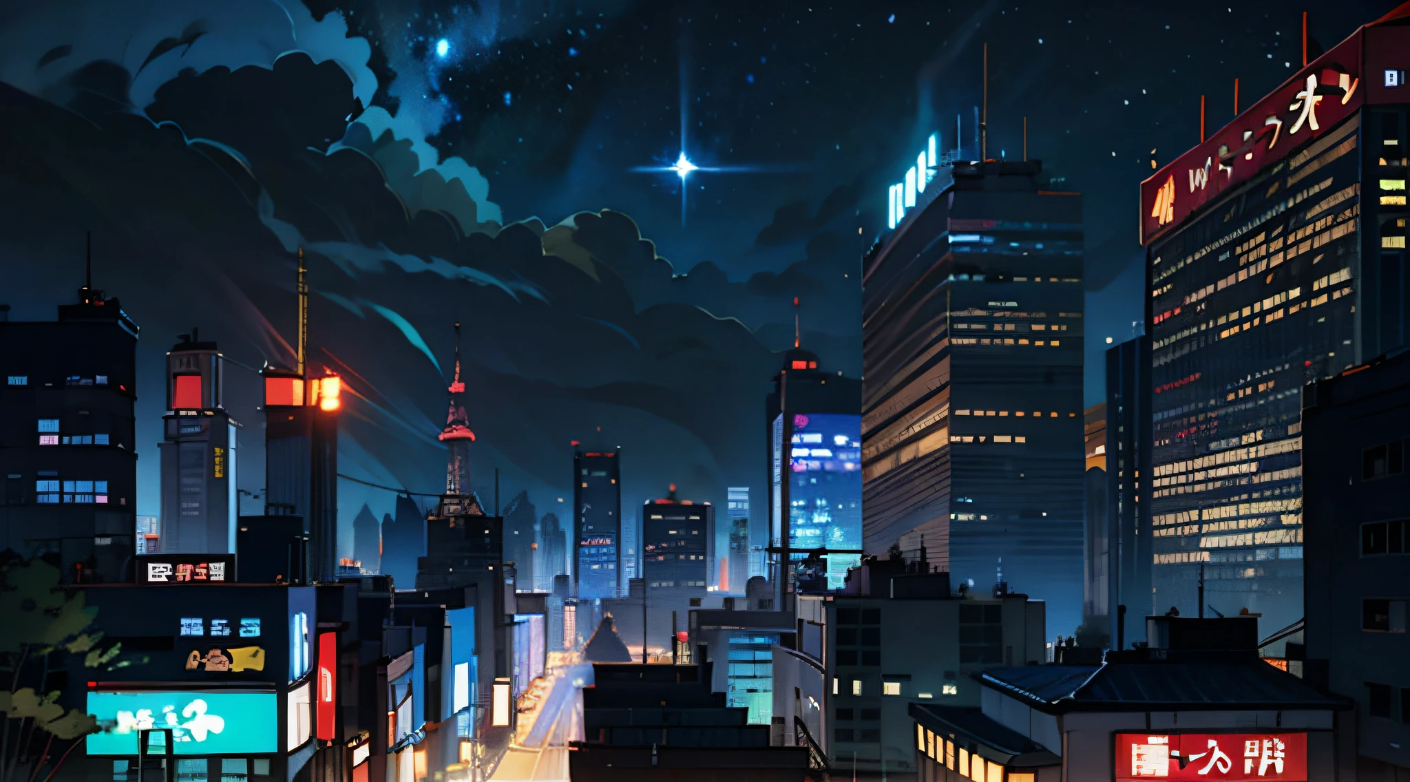 The city seen from afar，Illuminated city，The building is all lit，The lights are bright，The building is far away，group of buildings，perspective shot，large scene，starry skies，Night in Tokyo，luxury and dissipation，City Night View，Neon flashing，Exquisite，Movie lighting --auto
