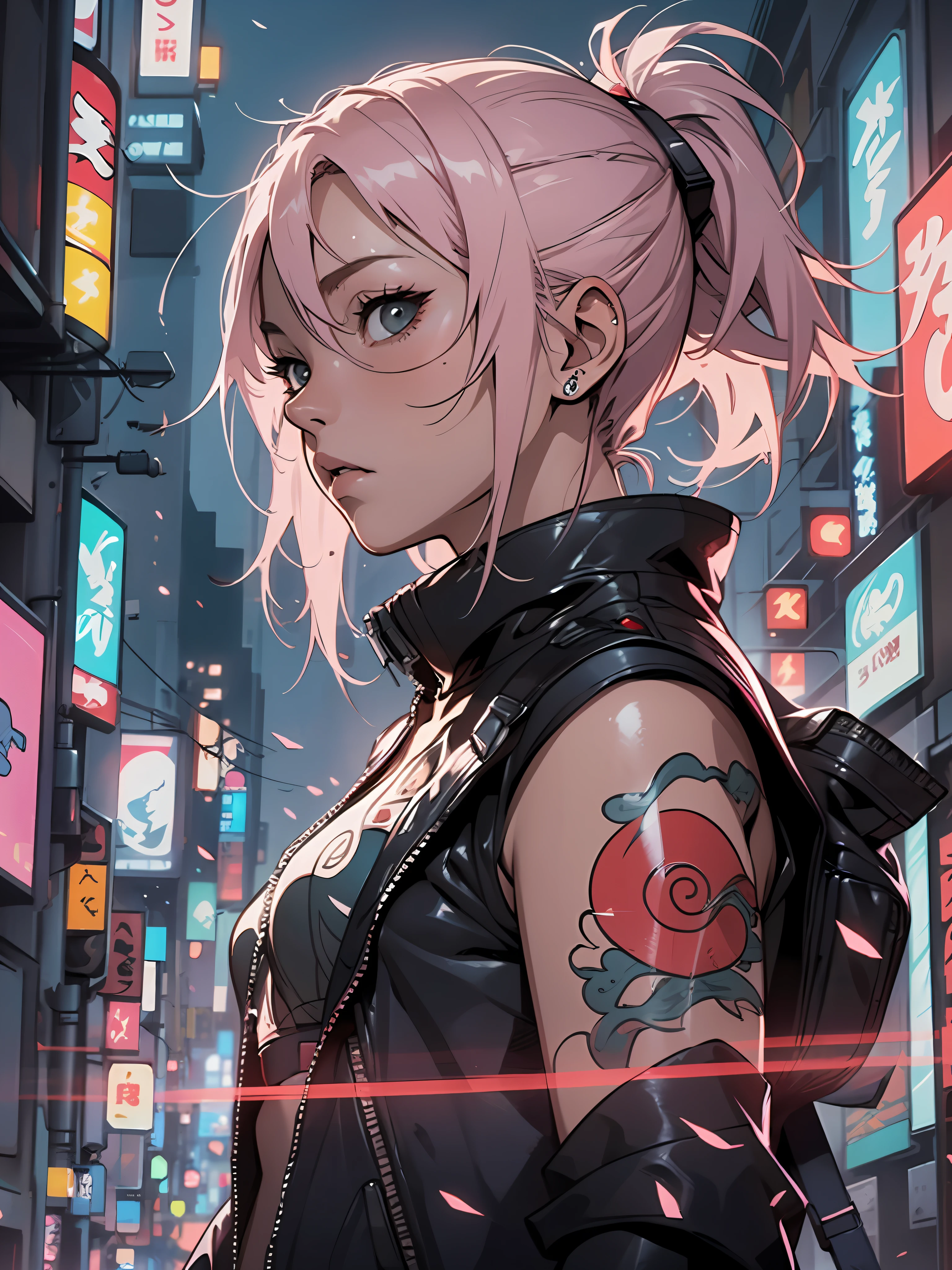 masterpiece, highly detailed, high quality, haruno sakura from Naruto shippuden , cyberpunk, sci-fi, illustration, cinematic lighting,