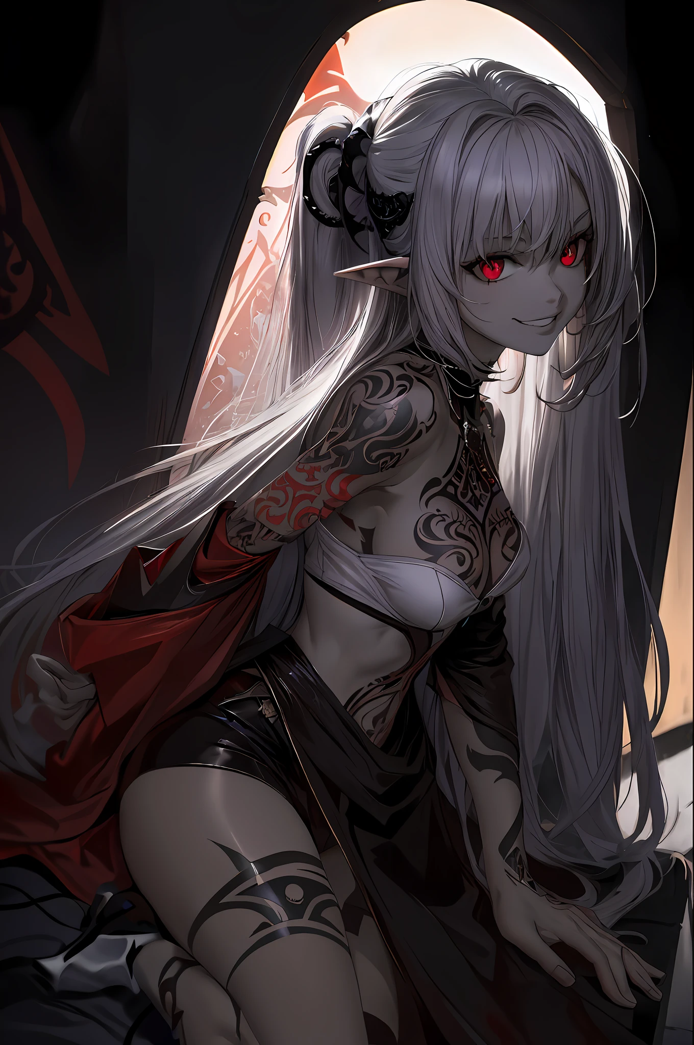 anime girl with red eyes and long white hair sitting on a bed, demon anime girl, beautiful dark elf countess, white haired deity, trending on artstation pixiv, beautiful succubus, Extremely detailed Artgerm, beautiful elegant demon queen, Fanart Meilleure ArtStation, dark elf princess, dark elves, Guweiz on ArtStation Pixiv