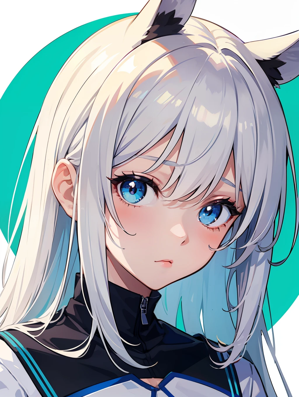 Anime girl with white hair and horse ears,1girl,Confused,blue and white sportswear,(no background),close-up,upper body,portrait,vacillate