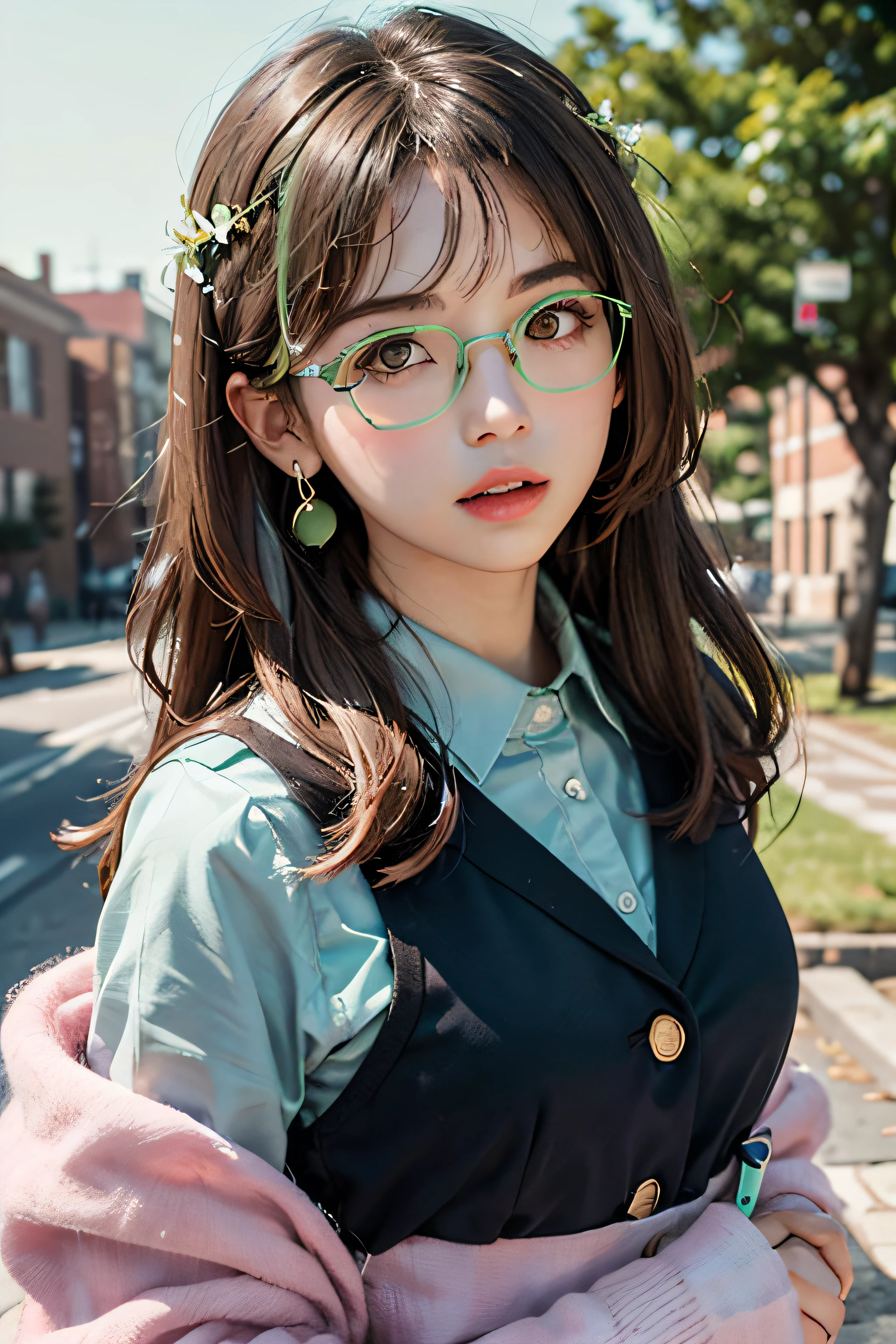(巨作),estilo dos desenhos animados,ultra high-detail,Dressed in an elaborate school uniform,(Short ear-length hair:1.2),Large pale gray eyes,(Brown hair color+Pale pink rimmed glasses+Light green card issue:1.4),Detailed depiction snap detail,The camera tilts slightly behind the character,Light dusk,Candy tones,Circular garland detail on top of figure,Look up into the distance,Campus buildings depicted in detail behind it。