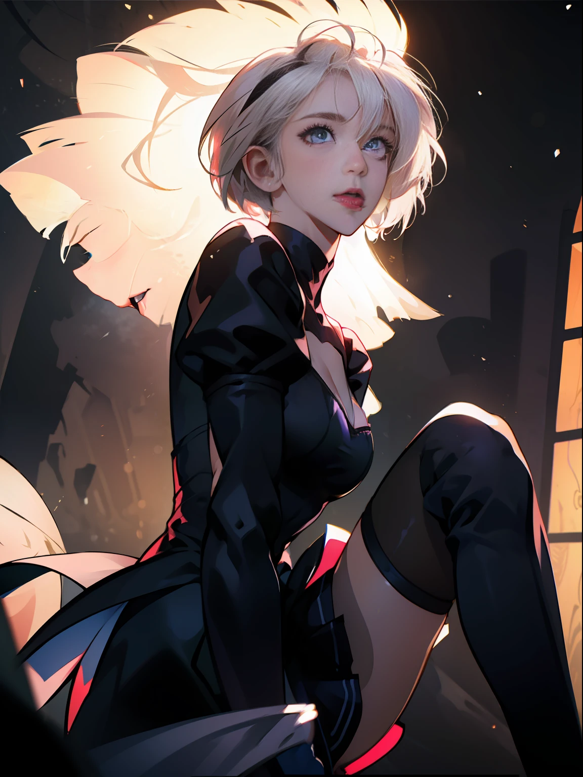 (masterpiece:1.3), top quality, official art, super detailed, looking at viewer, face focus, close up, 1girl, 18 years old, elegant black dress, frill skirt, gloves, beautiful hair, white hair, bob cut, blue eyes, beautiful eyes,thin pink lips, knee high boots, backlight, cinematic lighting, big tits, modesty, melancholy face, bangs, simple black catsuit, hair blowing in the wind