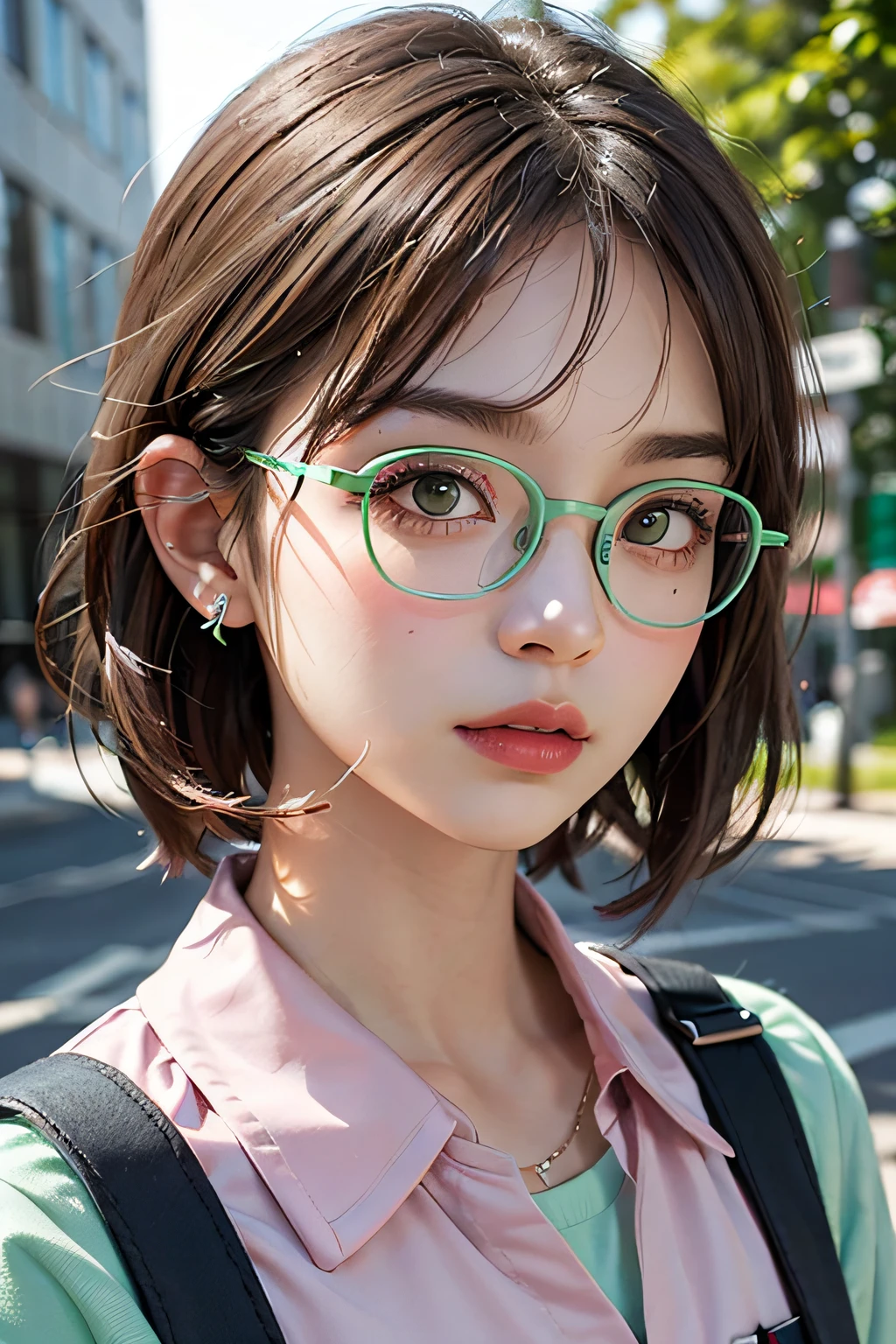 (巨作),estilo dos desenhos animados,ultra high-detail,Dressed in an elaborate school uniform,(Short ear-length hair:1.2),Large pale gray eyes,(Brown hair color+Pale pink rimmed glasses+Light green card issue:1.4),Detailed depiction snap detail,The camera tilts slightly behind the character,Light dusk,Candy tones,Circular garland detail on top of figure,Look up into the distance,Campus buildings depicted in detail behind it。