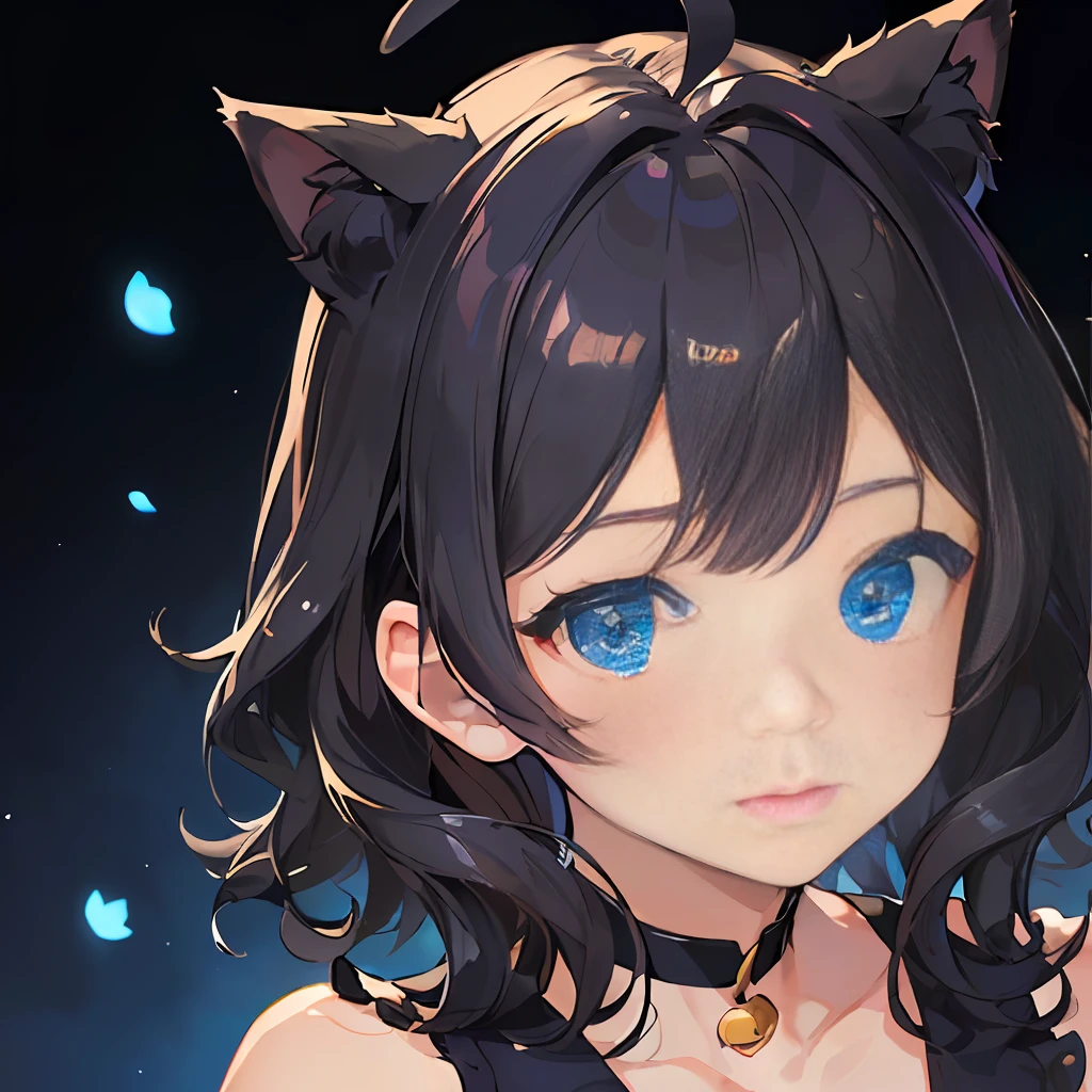 ((best qulaity))、((A masterpie))、((ultra-definition))、(illutst)、(Fine light)、(Extremely delicate and beautiful)、(((独奏)))、(((a beautifulchi girl) )))、((Best Quality,(Black Hair), (Black cat ears), (Ahoge), (absurdly short hair), (Wavy Hair), (Blue eyes),Spoiled face、Cat Pose、
