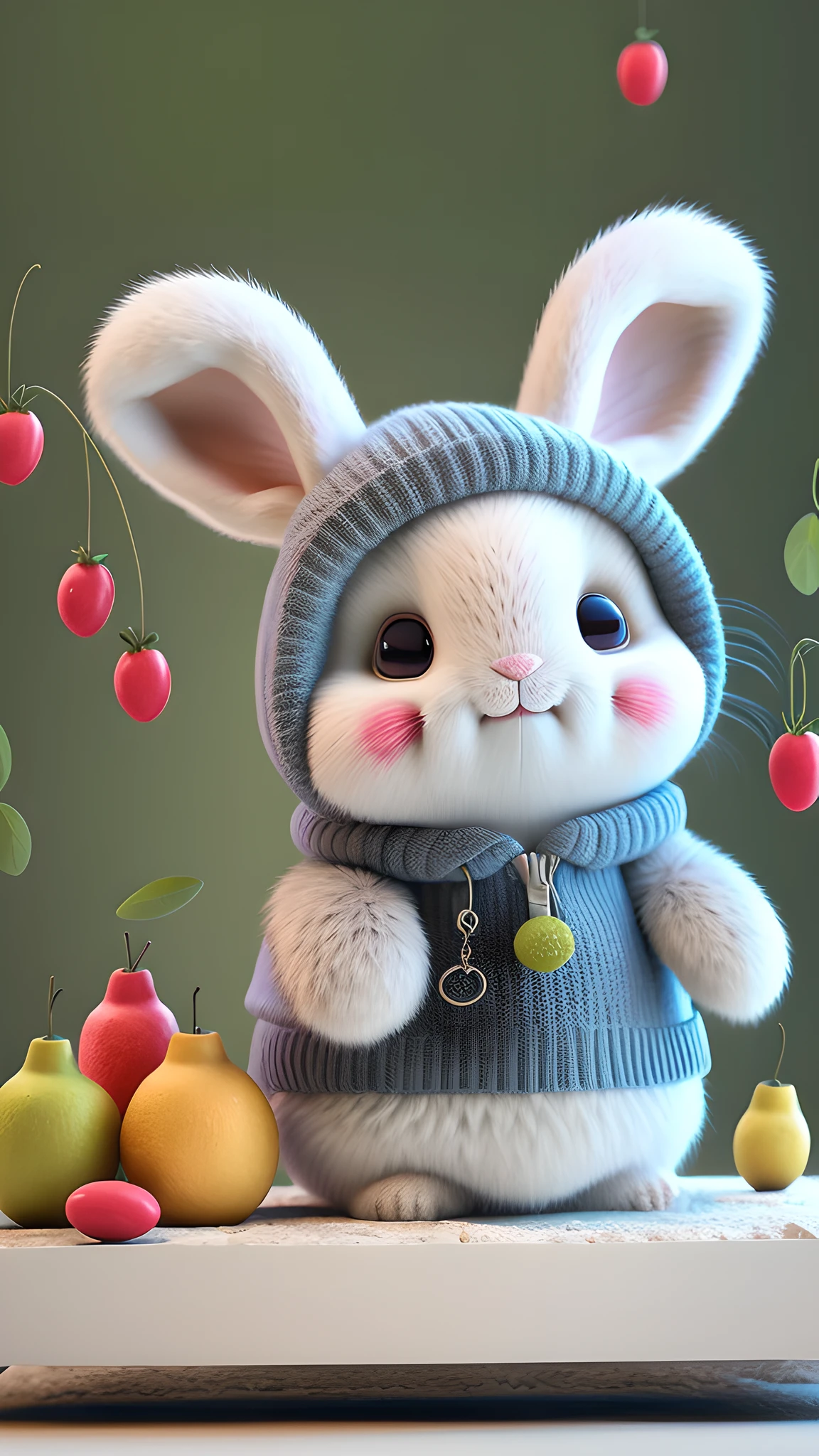 (award-winning masterpiece,) best quality 3D illustration, dynamic angle, (1 cute furry rabbit), wearing colorful clothes, lying on a bed of juicy and ripe fruits, surrounded by a vibrant fruit garden and bountiful harvest.
