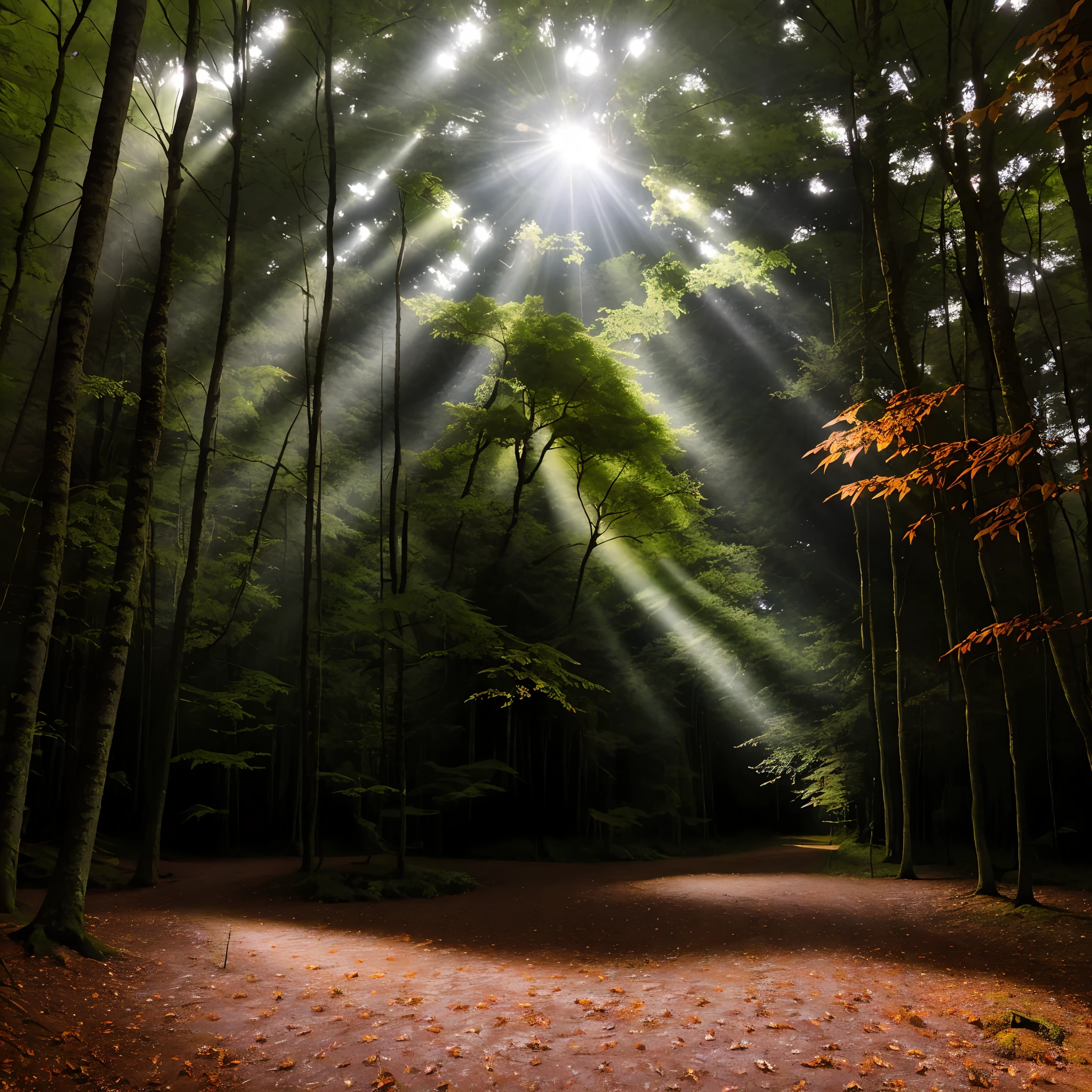 The Night Sensation, among tall trees, with sunlight filtering through the leaves and casting shadows on the forest floor. Chirping birds and rustling leaves can be heard as the animals run through the undergrowth, sem serem vistos.