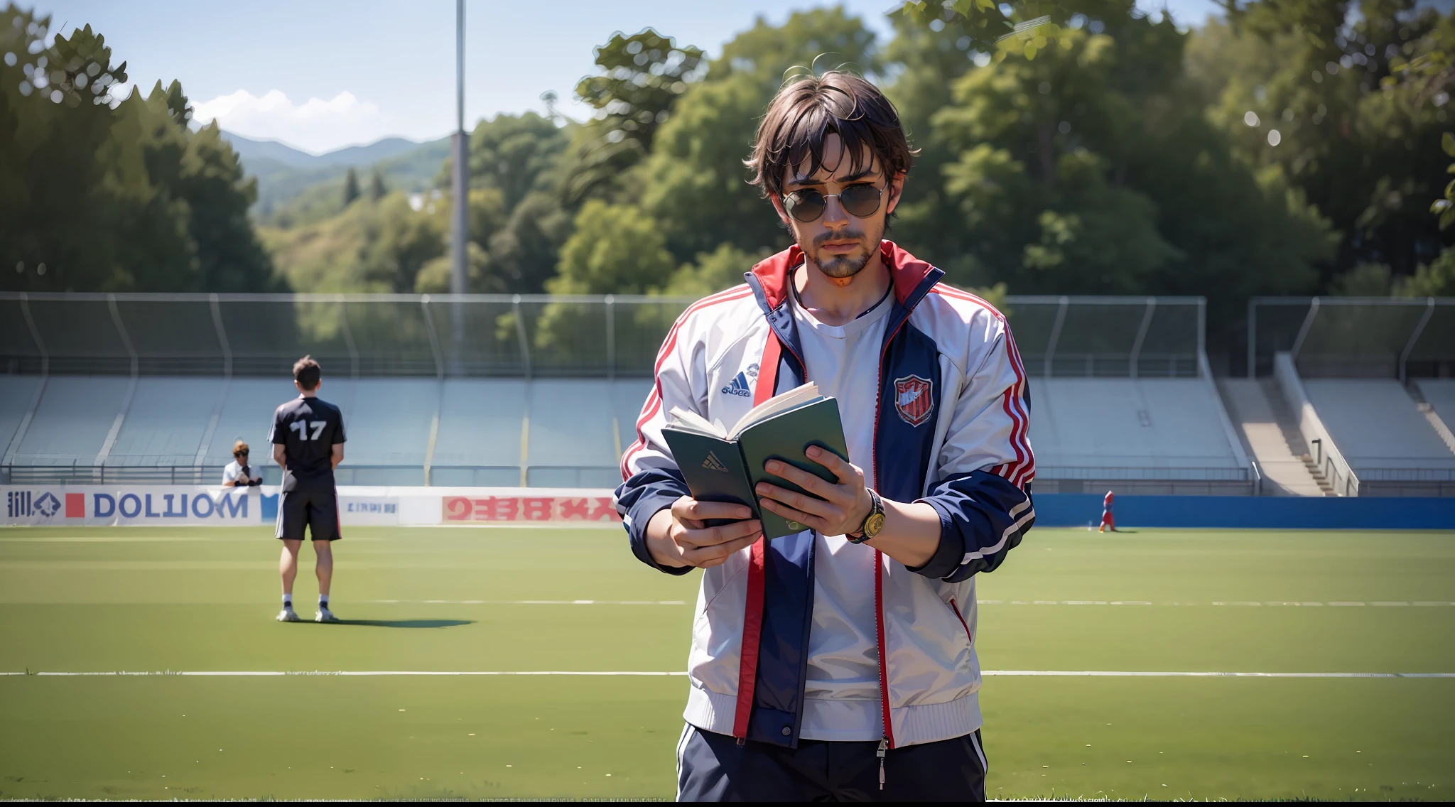 arafed man in sunglasses holding a book on a soccer field, by Romain brook, contemplating, in the background, focused shot, joel torres, highly focused, lucas graziano, documentary still, by Emanuel Witz, training, by Luis Molinari, inspired by Luis Enrique Camej, detailed surroundings, award-winning, award - winning, accurately portrayed, on ground
