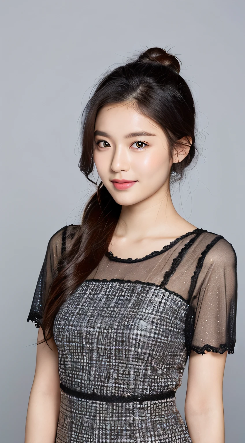 (Best quality, 8K, masterpiece:1.3)) , (one person: 1.4), 1girl, a Korean woman, a goddess, 25 years old, portrait photography, high contrast, God perspective, aperture F1.2, focal length 24mm, ( Full body: 1.2), smile, pose for photos, fine lace, slip dress, simple cut dress, brand dress, simple cut, long black hair, hair tied up, super detailed skin details, detailed fabric texture