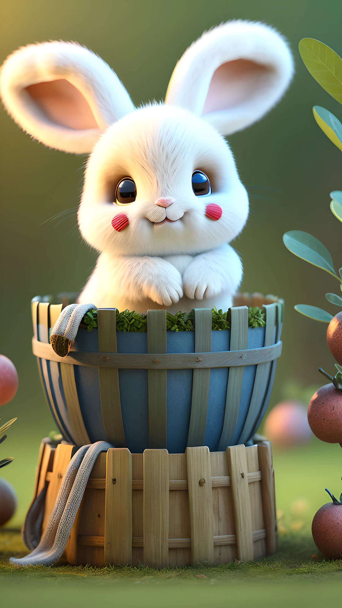 (award-winning masterpiece,) best quality 3D illustration, dynamic angle, (1 cute furry rabbit), lying on a bed of juicy and ripe fruits, surrounded by fruit garden and bountiful harvest.
