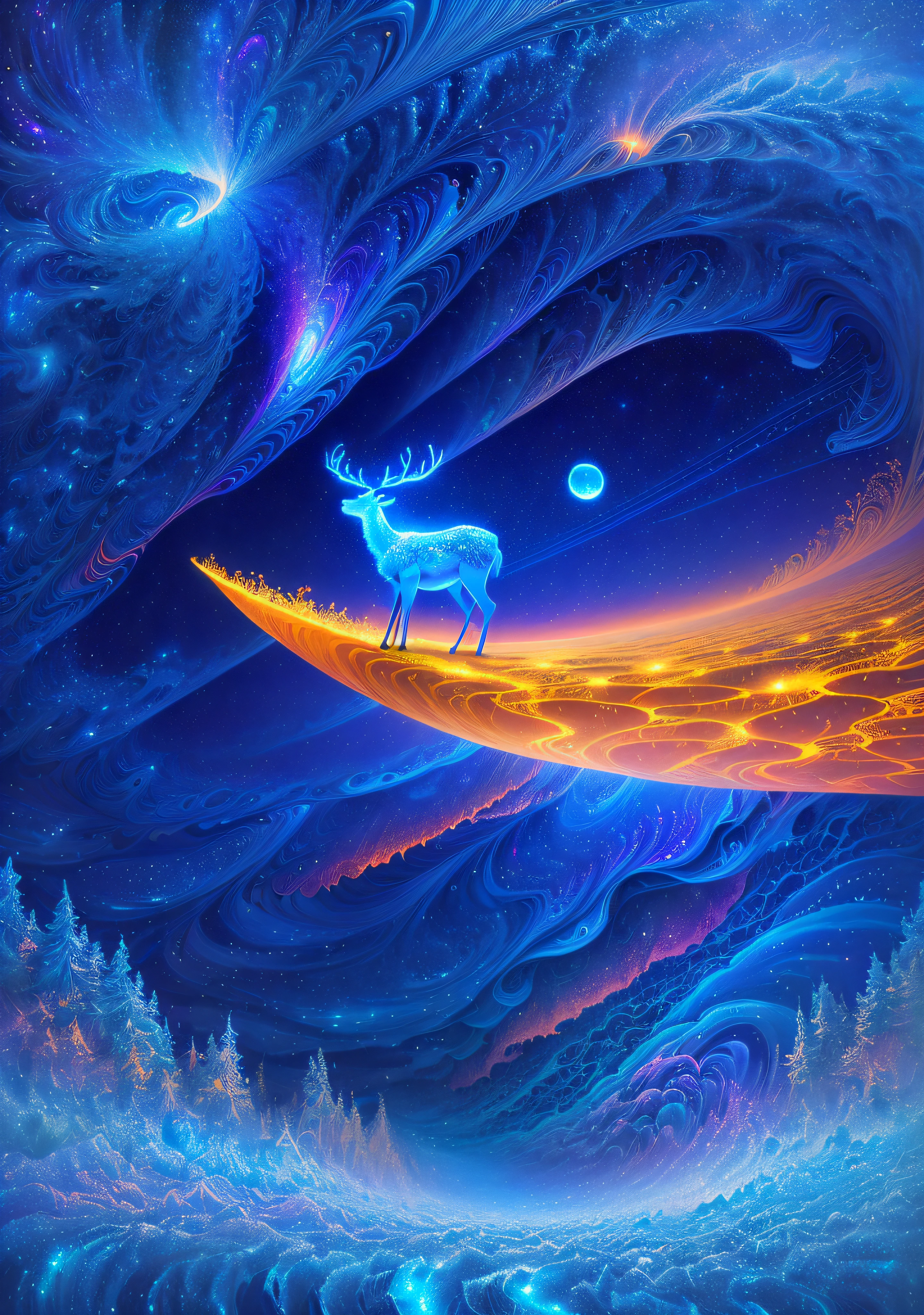 A deer standing on a moon shaped object in the sky and dreaming of electric sheep, blurry and dreamy illustration, calm night. Digital illustration, Blurred and dreamlike illustration, Amédée Ozenfant, dreamlike illustration, in astral plane)) ), colorful plane surreal ethereal, in cosmic realm, in surreal dreamy landscape, light shadows, waves, multiple layers, Foreground, vista, fractal thunder Dan Mumford, Dan Mumford and Alex Gray style, psychedelic surreal art, surreal psychedelic design, fantasy art style, illusion psychedelic art, infinite psychedelic waves , inspired by Cyril Rolando, real ripple structure, psychedelic art style, psychedelic art, psychedelic illustration -- V6