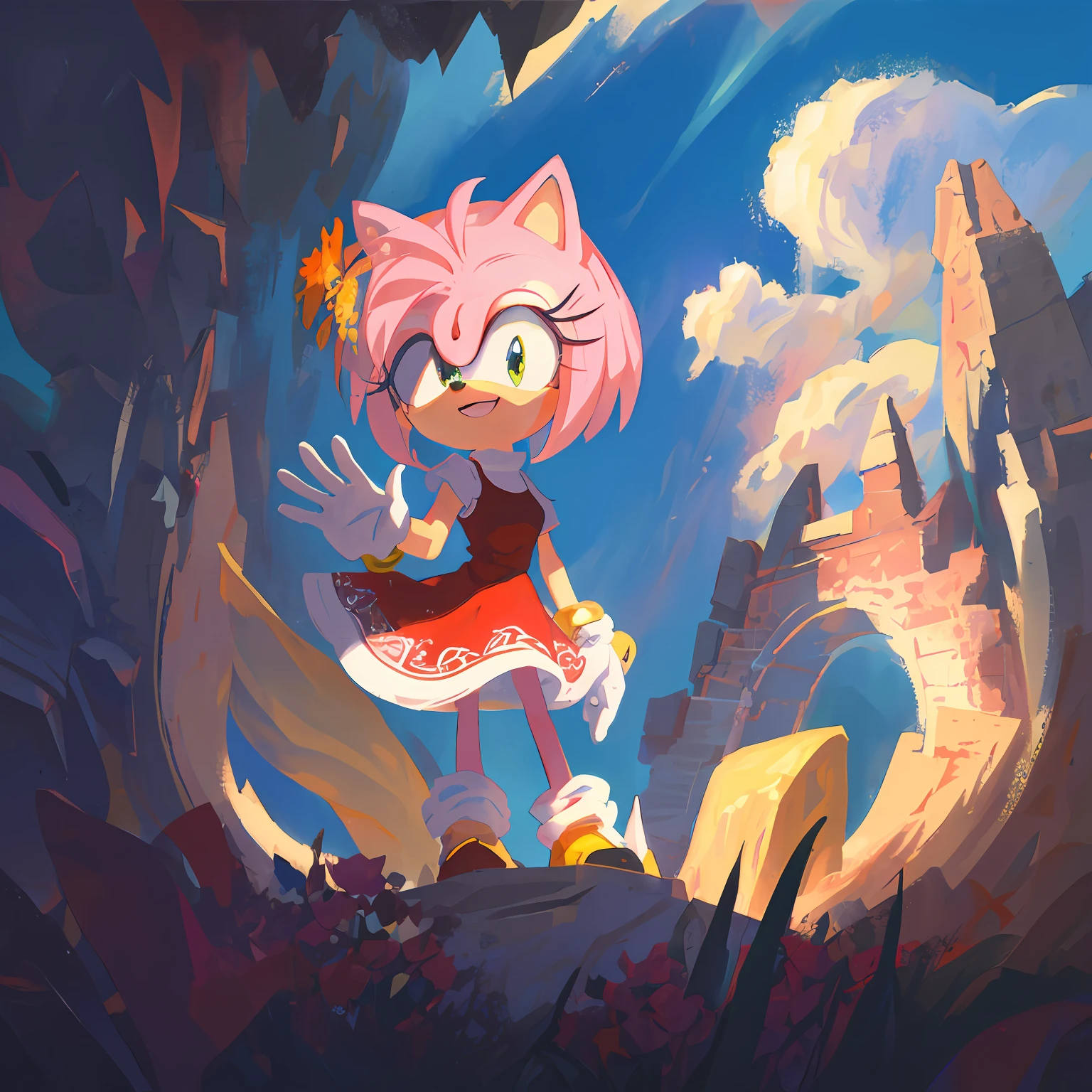 (masterpiece, best quality:1.1),fantasy,  intricate,  illustration  ,soft lighting,specular lighting,
1girl, solo, dress, pink skin,detailed eyes,
amy rose,  looking at viewer, smile, dynamic pose,  sonic \(series\),  flowers, cloudy sky, holding a flower, chibi,